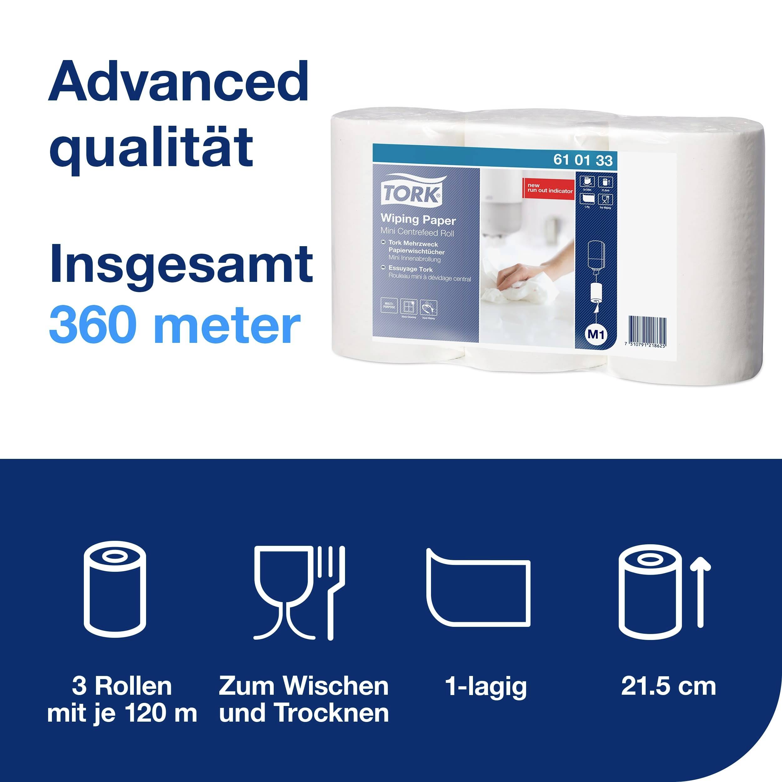 Three rolls of Tork wipes, 1-ply, 360 metres in total, for wiping and drying, width 21.5 cm. Package details displayed on the right side.