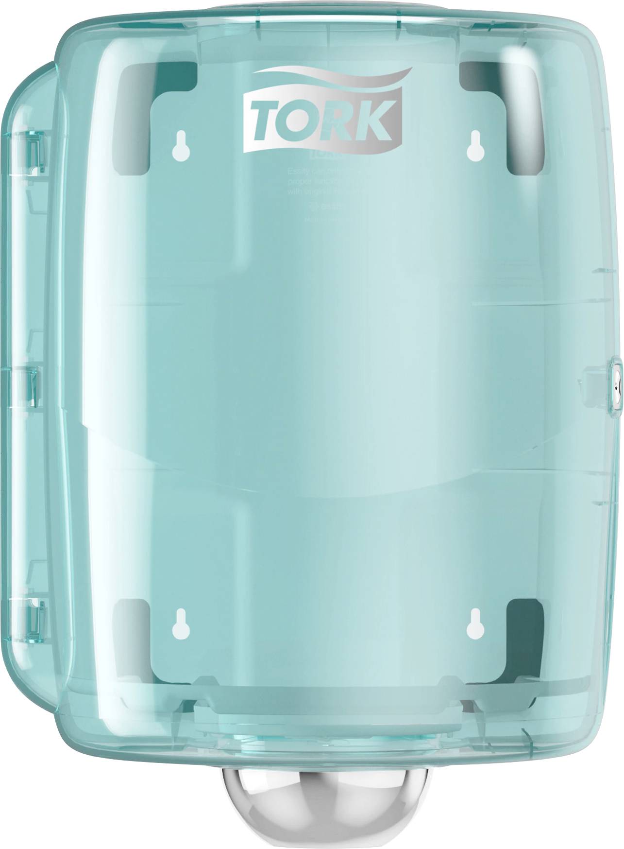 A turquoise paper towel dispenser mounted on the wall, featuring the manufacturer's logo at the top, designed for simplicity and functionality.
