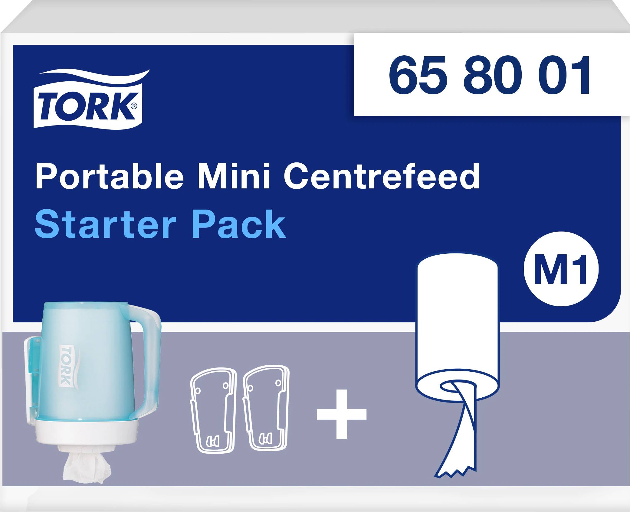 Box containing 'Tork Portable Mini Centrefeed Starter Pack'. Includes dispenser and roll paper, Model M1, Article number 65 80 01.