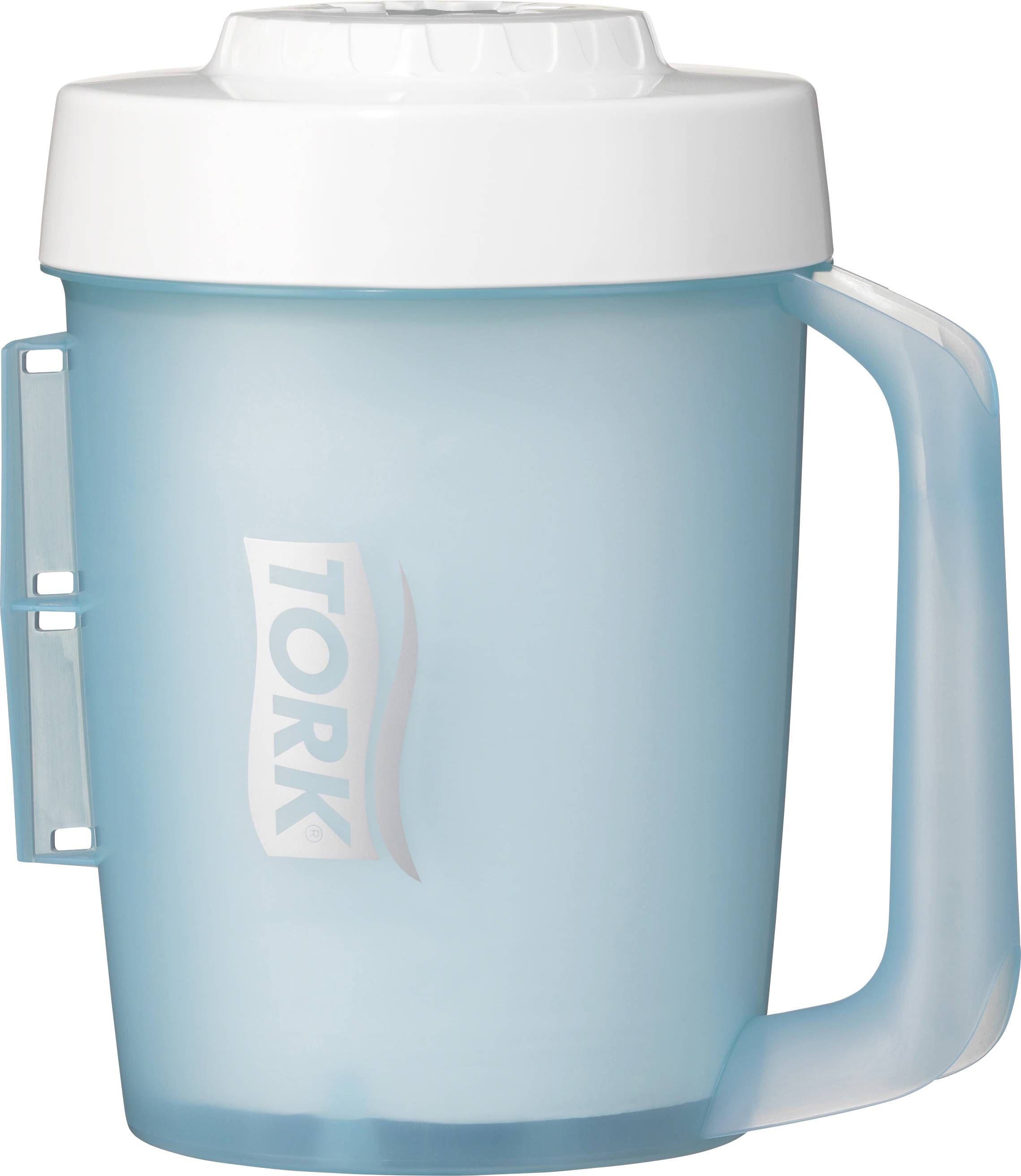 Light blue plastic cup with handle and white lid, marked with the 'Tork' logo.