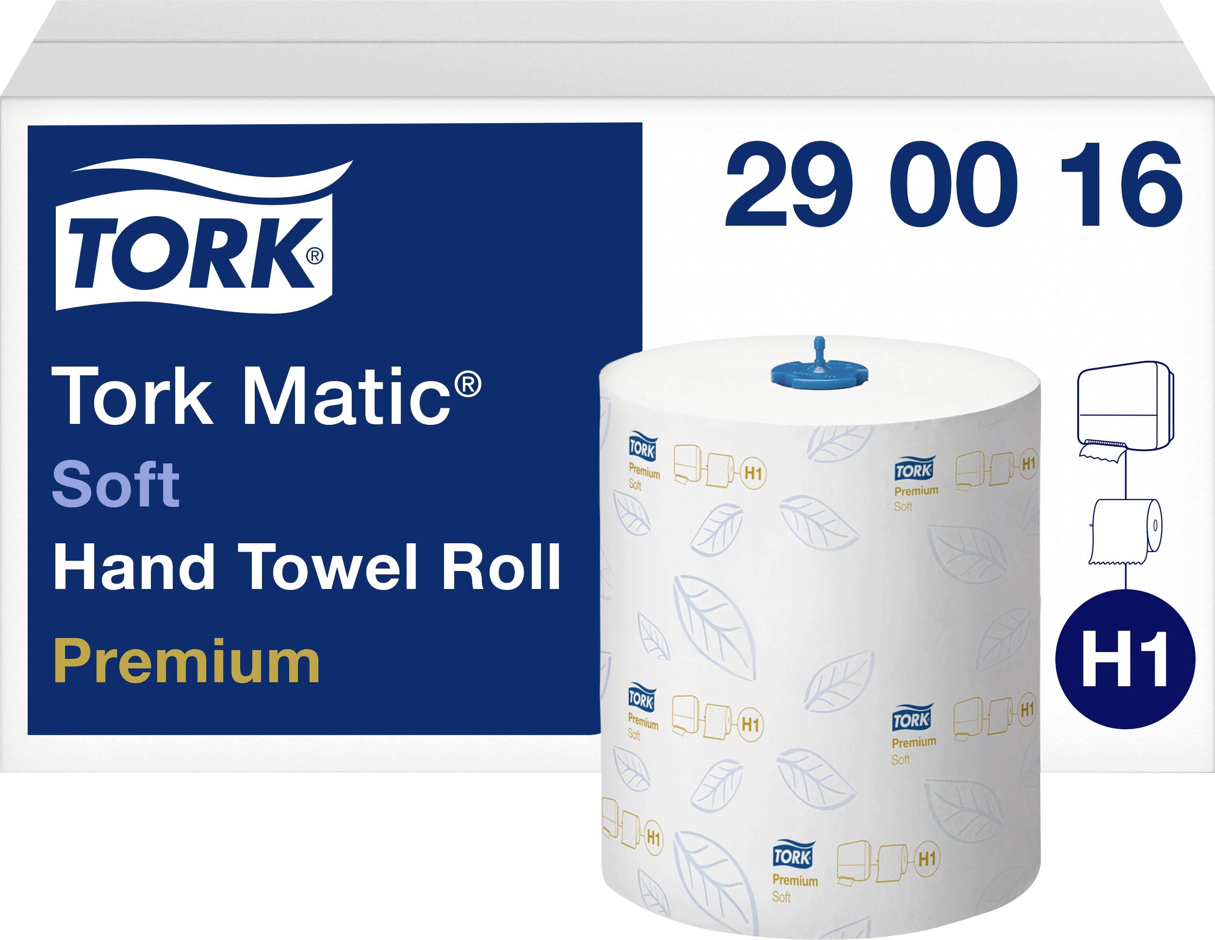 Box and roll of Tork Matic Soft Hand Towel Rolls, premium quality, product number 290016, suitable for H1 dispensers.