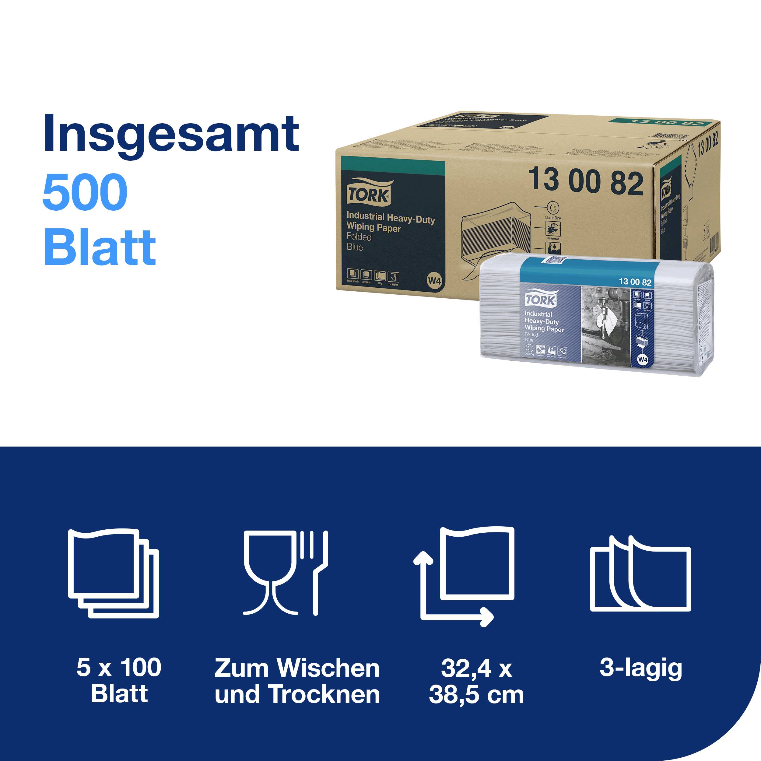 'Tork' Industrial Cloths, pack and box shown. Text: 'Total 500 sheets, 5 x 100 sheets, For wiping and drying, 32.4 x 38.5 cm, 3-ply'.