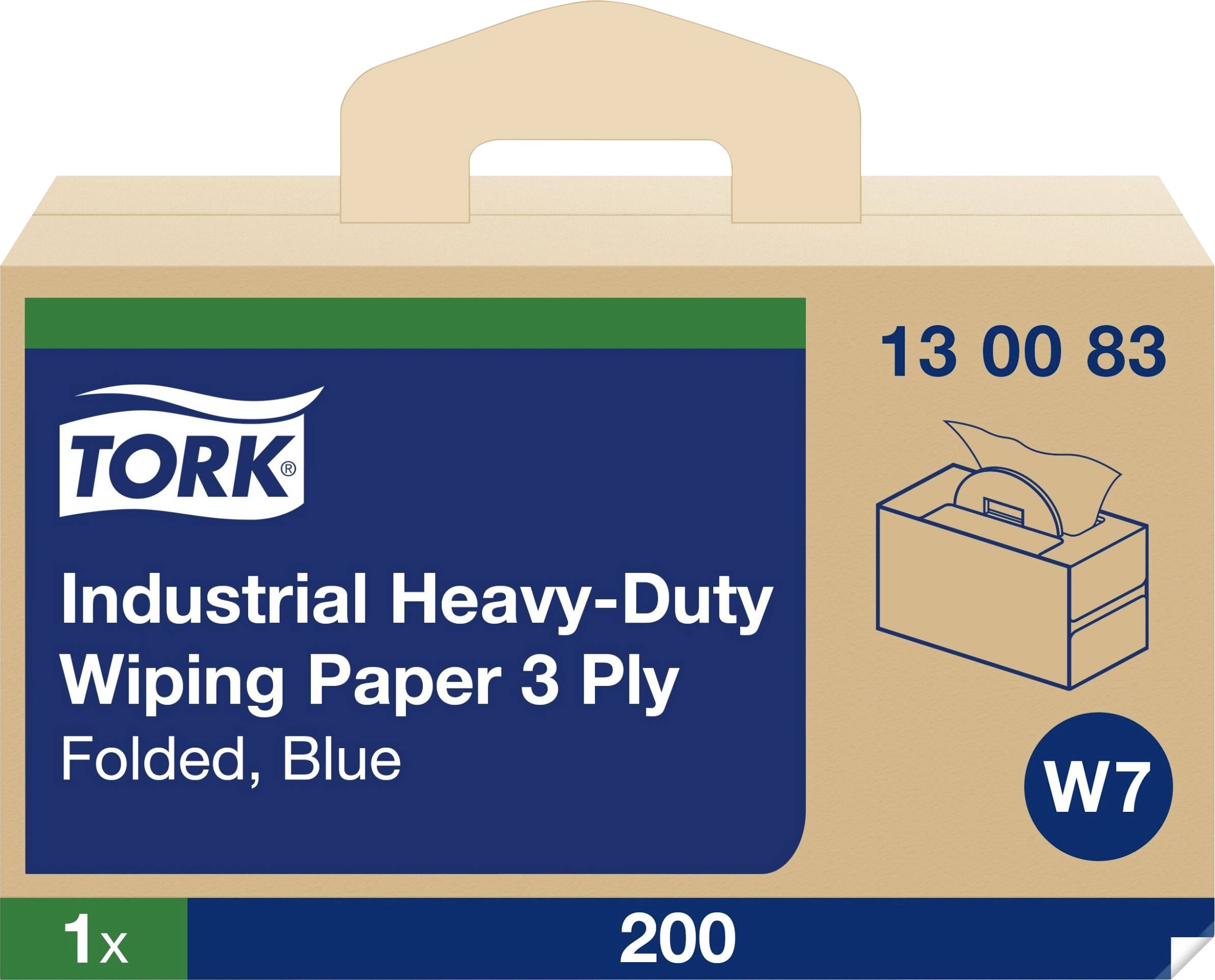 Packaging for 'Tork Industrial Heavy-Duty Wiping Paper 3 Ply', blue, folded. Contains 200 sheets. Product number: 13 00 83.