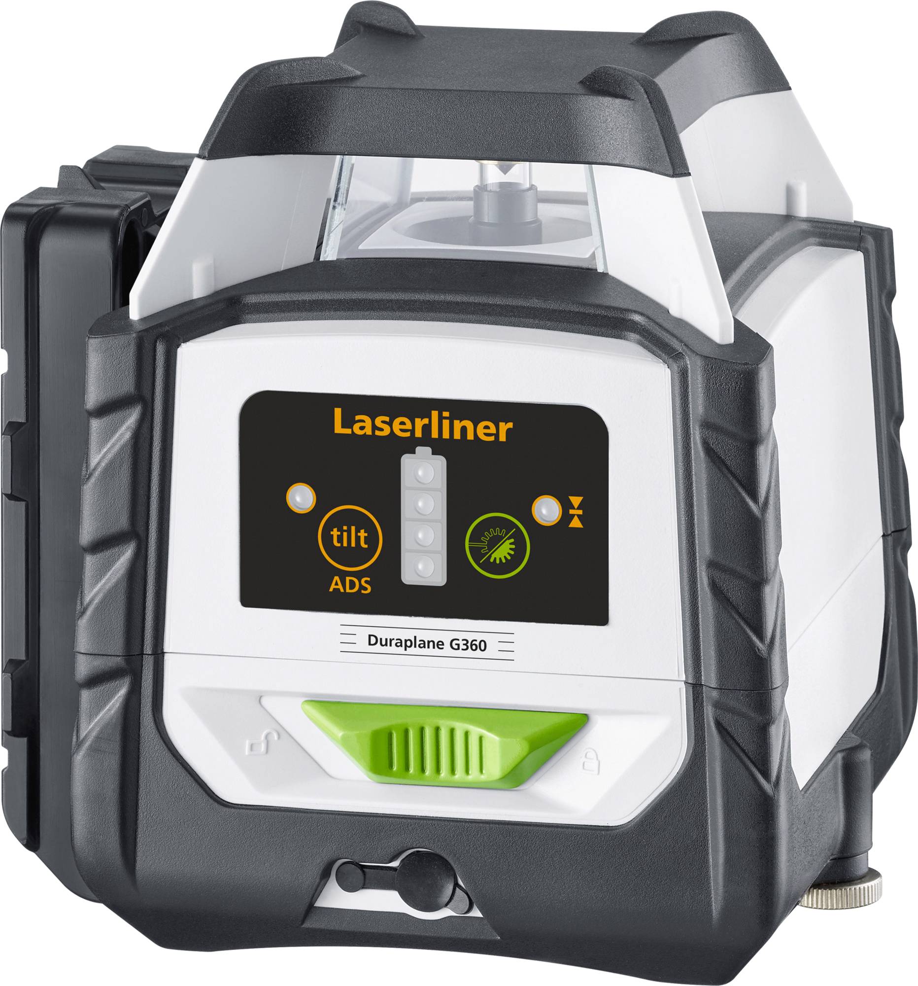 A laser levelling device with 'Laserliner' display. Shows functions such as gradient and ADS mode. Compact, black and white design.