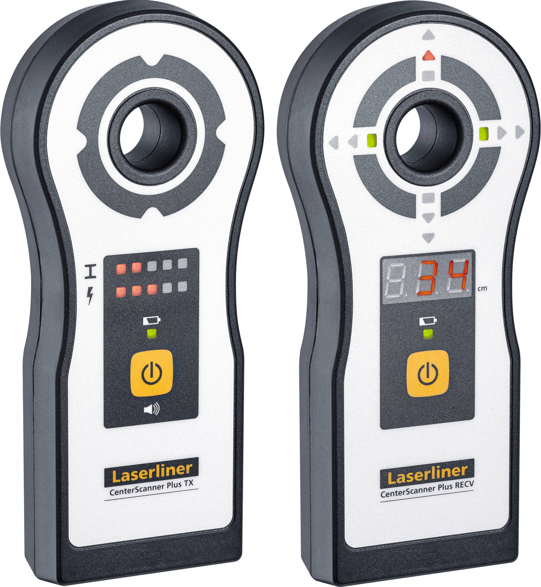 Two electronic detector devices: left scanning device, right receiver with digital display, showing measurement in centimetres.