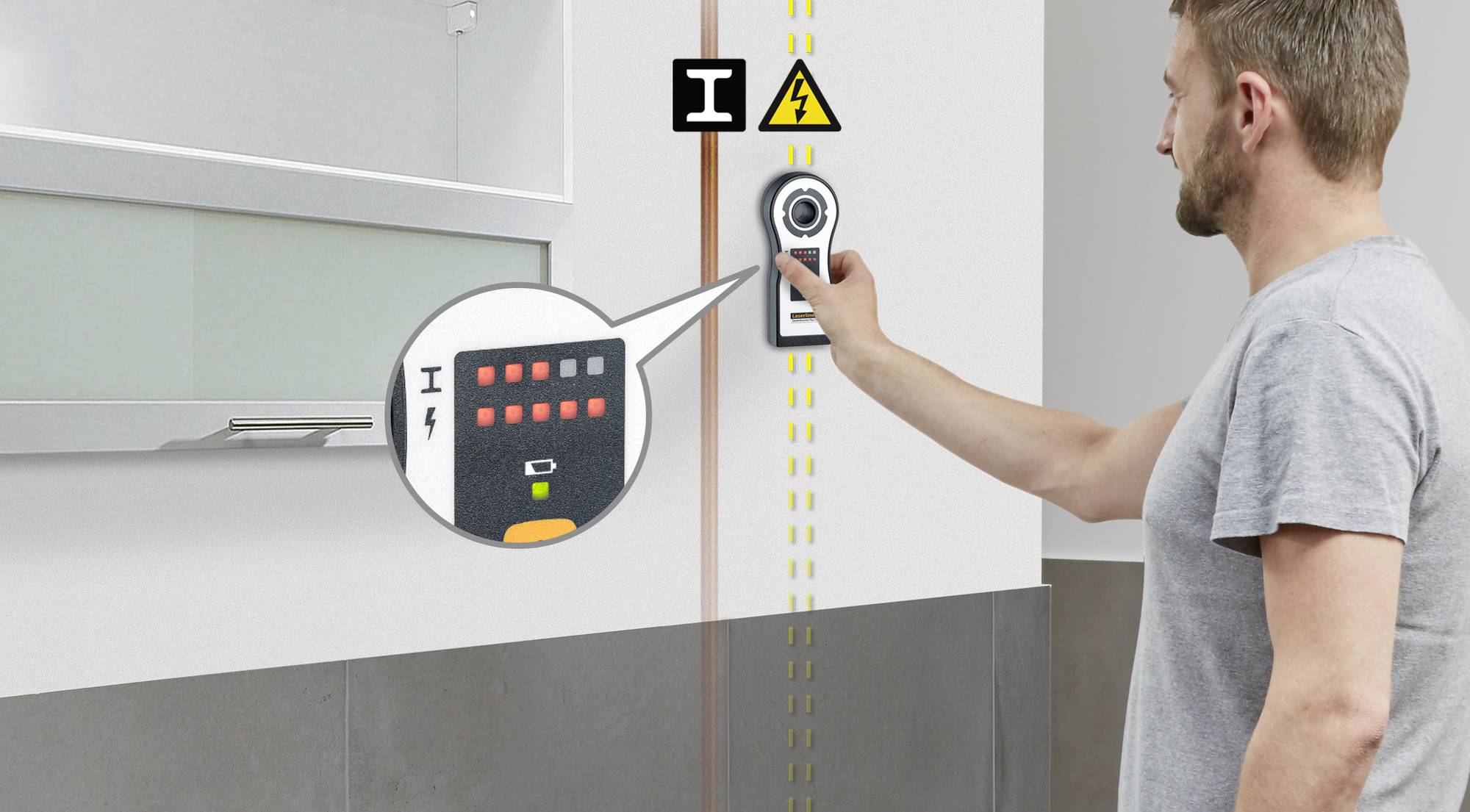 A man is using a cable locator on a wall to detect electrical cables. A diagram shows the detection.