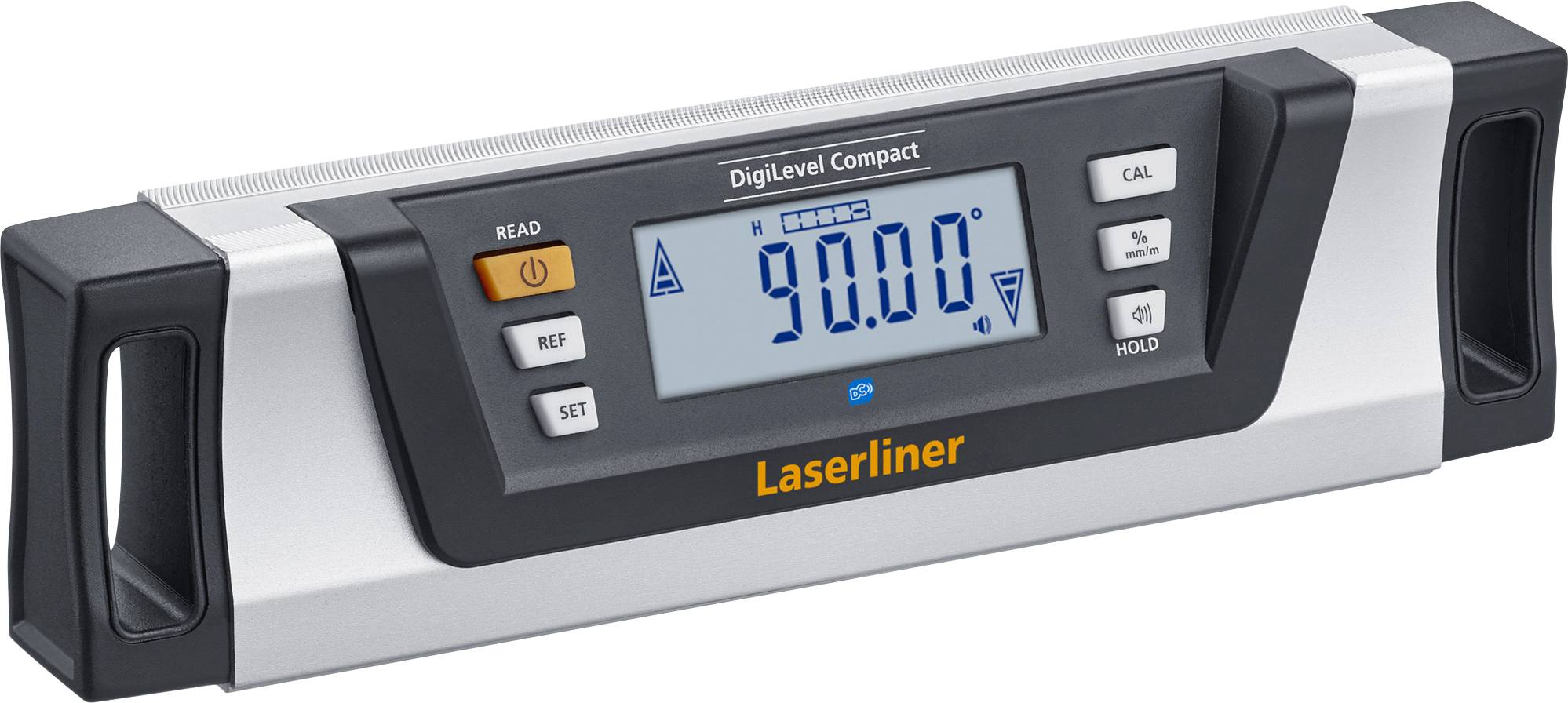 Digital angle gauge with LCD display showing '90.00°'. Buttons for calibration, reference, and hold function available. Brand: Laserliner.