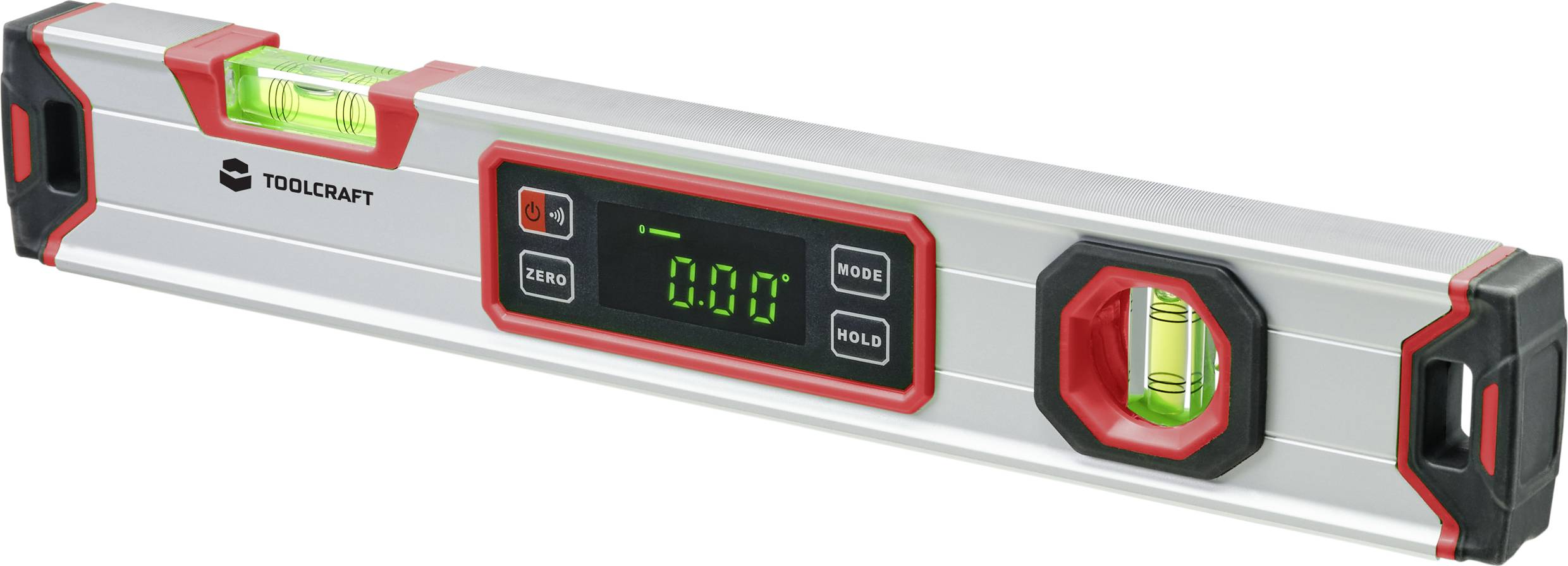 Electronic spirit level with digital display, three vial bubbles and control buttons. Used for precise measuring and levelling.