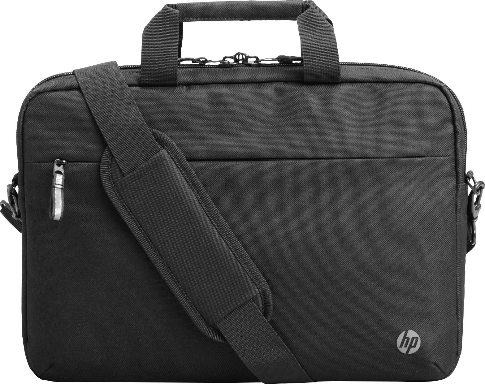 Black laptop bag with zip, two carrying handles and detachable shoulder strap; HP logo bottom right.