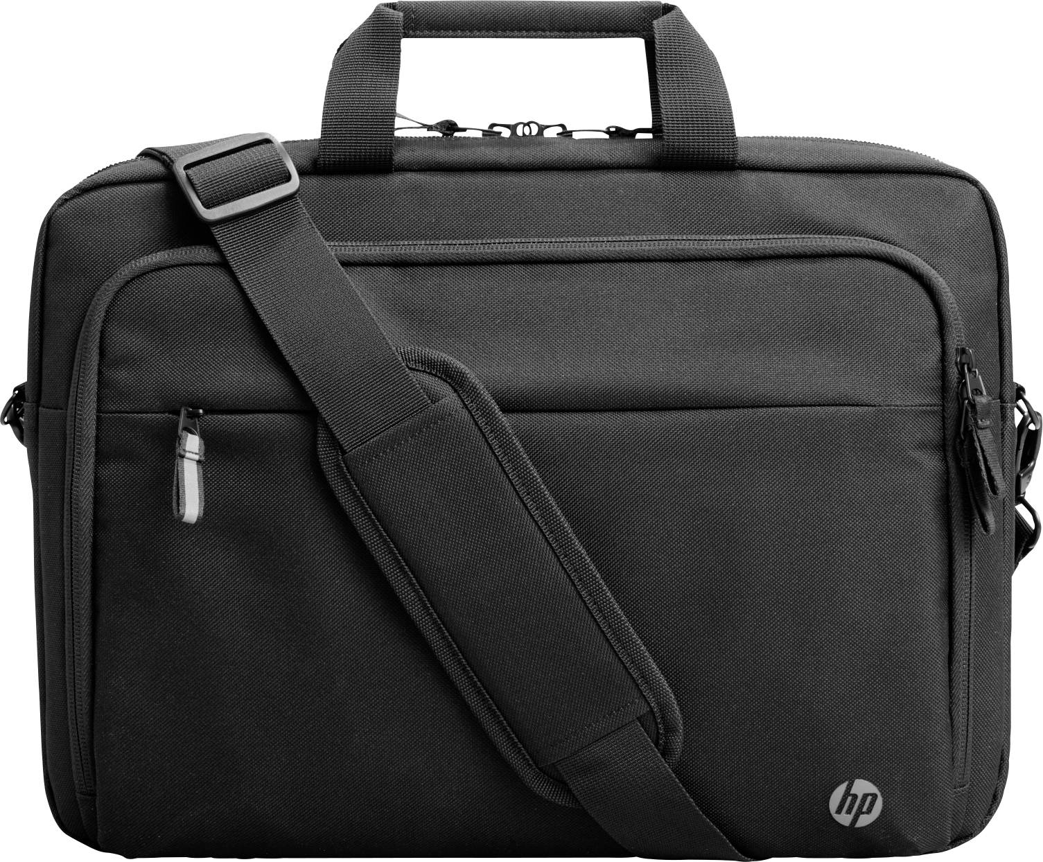 Black laptop bag with shoulder strap and handle. Two zip-up accessory pockets. Suitable for travel and office use.