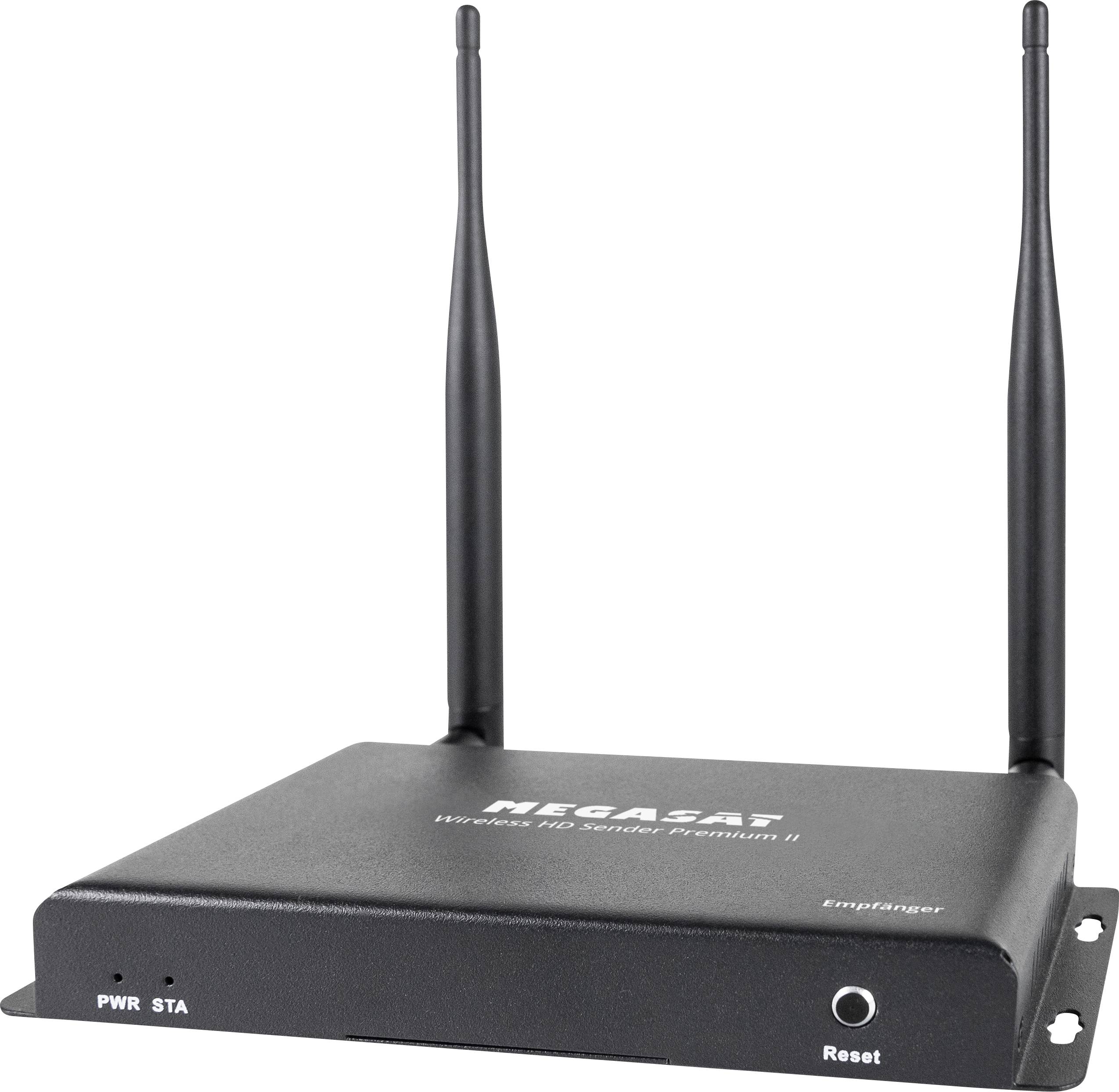 'MEGASAT Wireless HD Sender Premium II' with two aerials, black housing. Shows connections, power and status LEDs.
