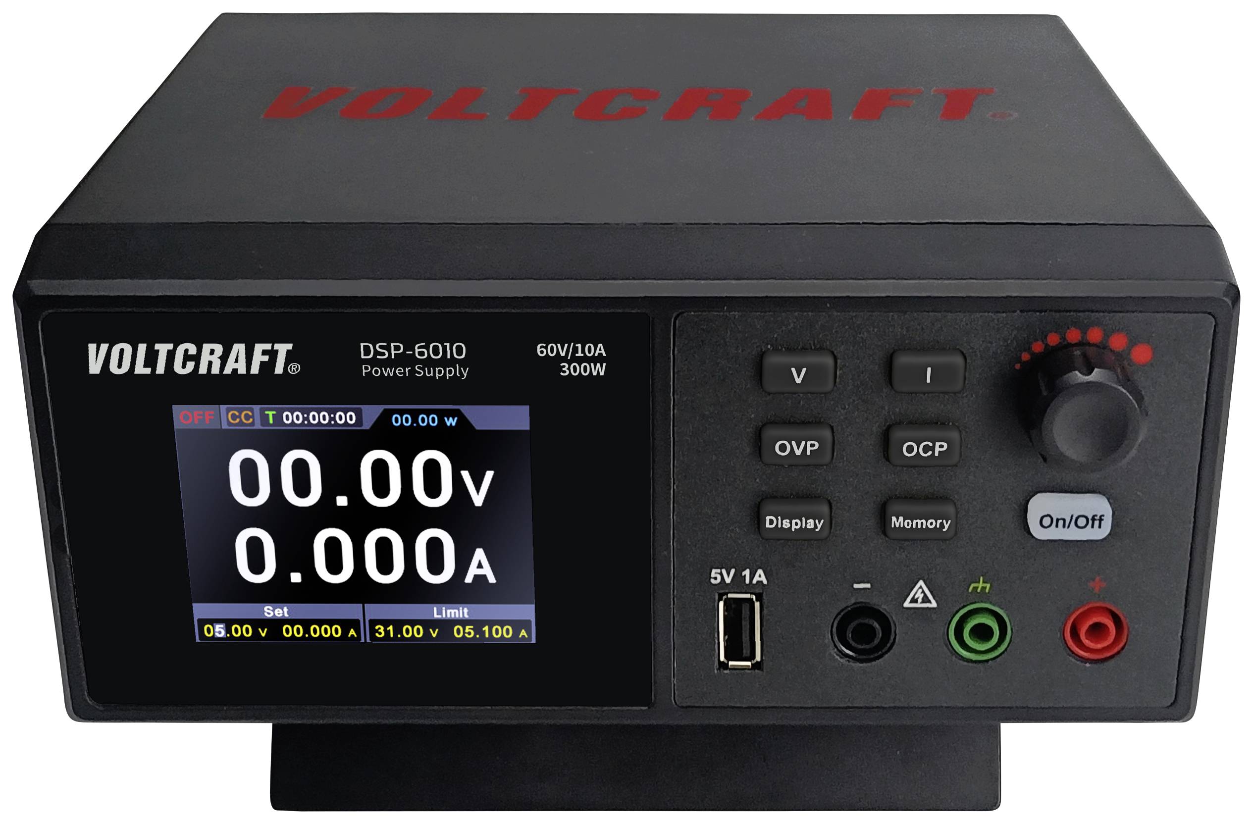 Electronic voltage source with digital display showing voltage and current. Includes control buttons and terminals for current connections.