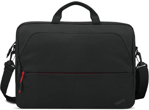 Black laptop bag with shoulder strap and carry handle, red zip on the front pocket, understated design.