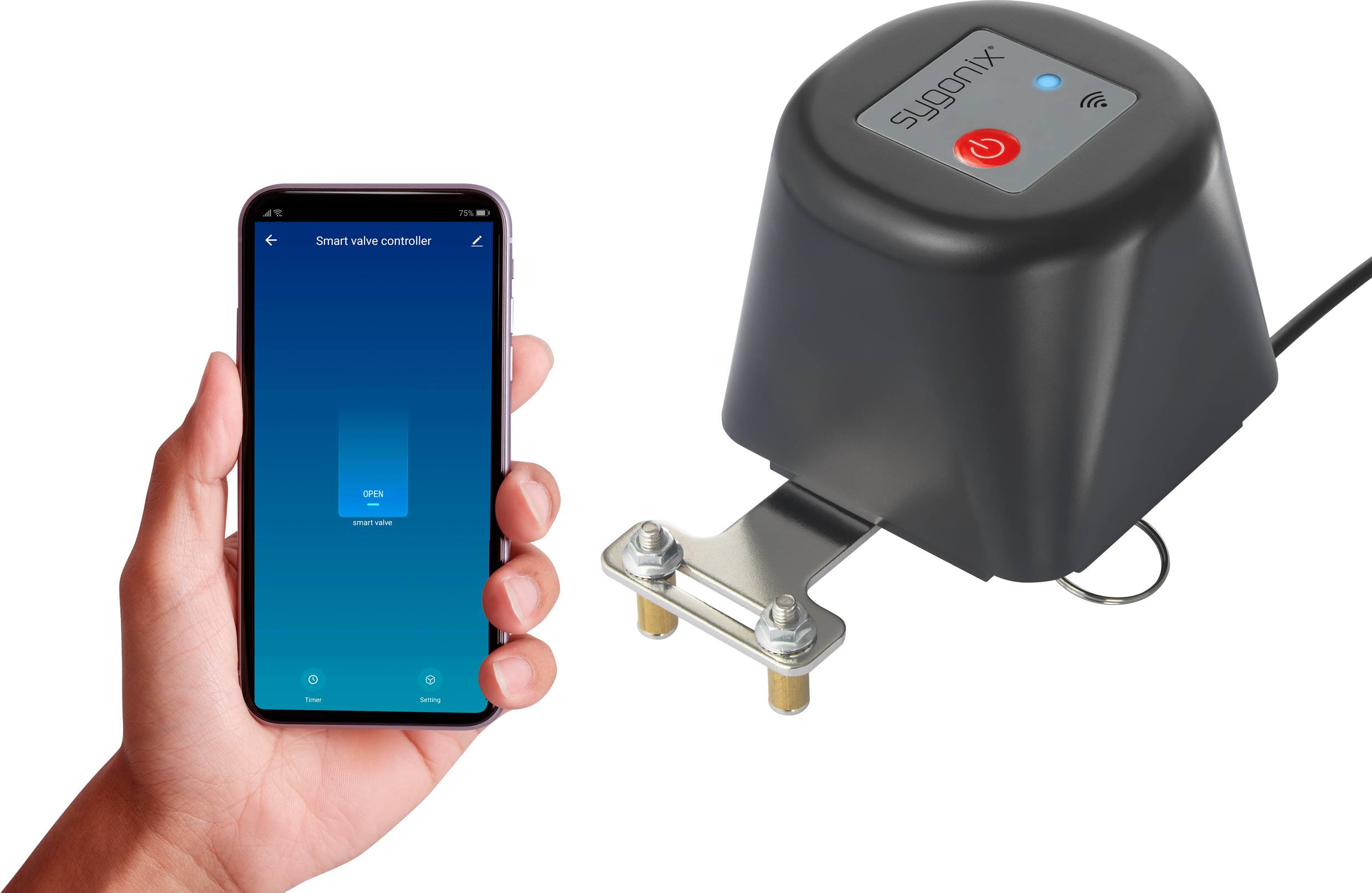 A hand is holding a smartphone with an open app for controlling a smart valve controller, which is shown next to the device.