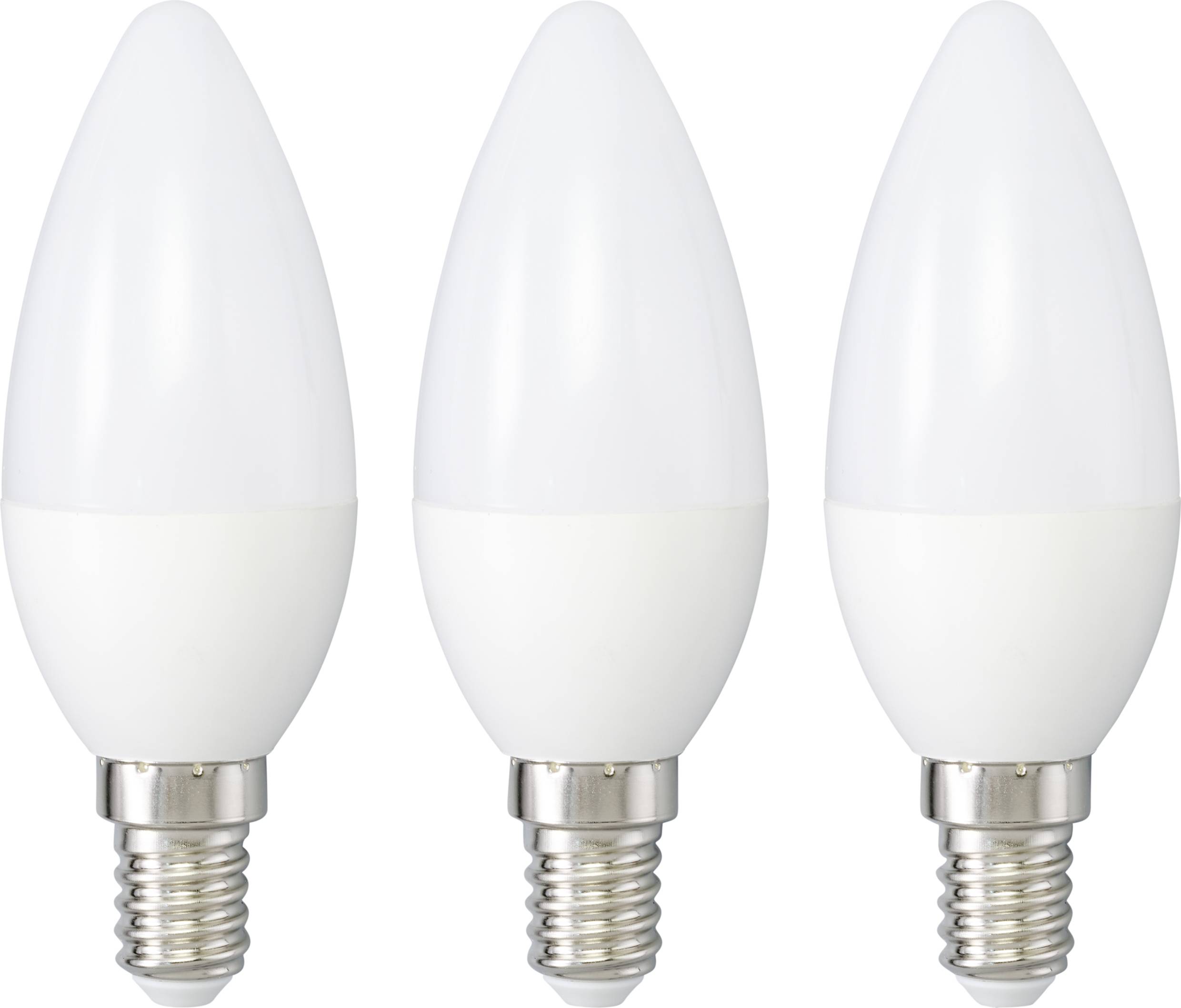 Three white LED light bulbs with E14 screw thread, standing side by side. Ideal for energy-efficient lighting solutions.