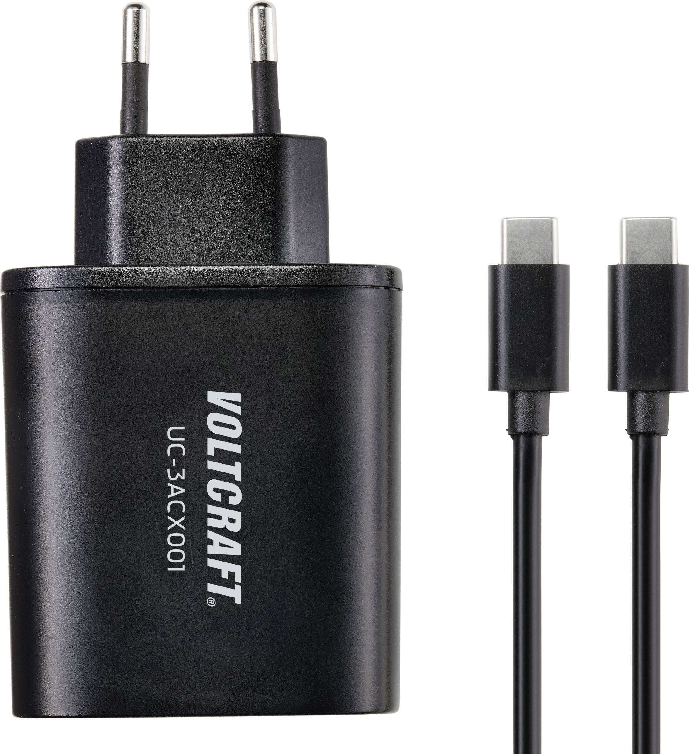 A black charger with a USB-C cable, branded with 'VOLTCRAFT' and model number 'UC-3ACx001' on the front.