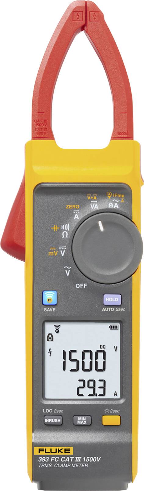Digital clamp meter with display, showing '1500' voltage reading. Main colours are yellow and red; brand 'Fluke'.