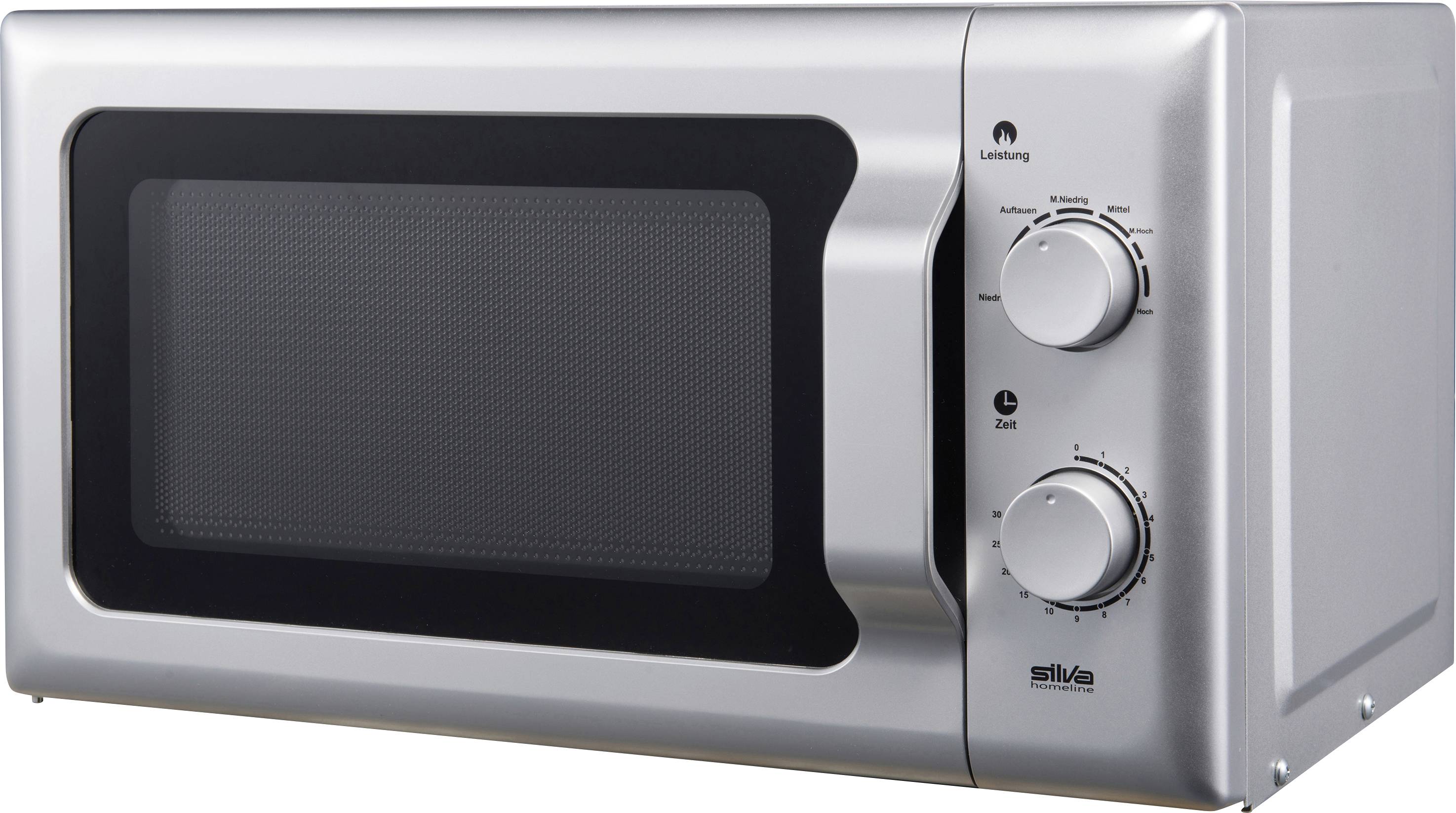 Silver microwave with two rotary controls for power and time; modern design.