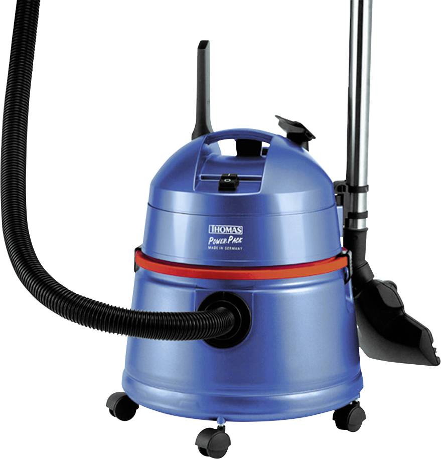 A blue industrial vacuum cleaner with a red stripe, black wheels, and a black suction hose.