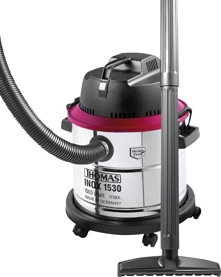 A Thomas Inox 1530 vacuum cleaner with 1500 watts. It is silver with a red accent and has wheels and a long suction hose.