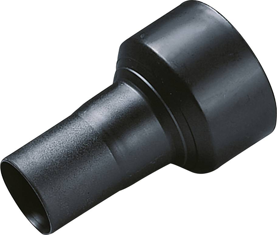 Black plastic coupling for connecting hoses of different diameters in industrial vacuum cleaners.