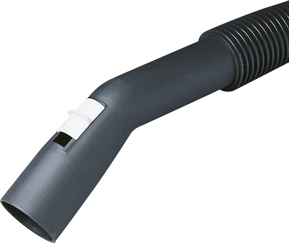 Vacuum cleaner tube with a black, curved design and a white switch on the top surface for regulating airflow.