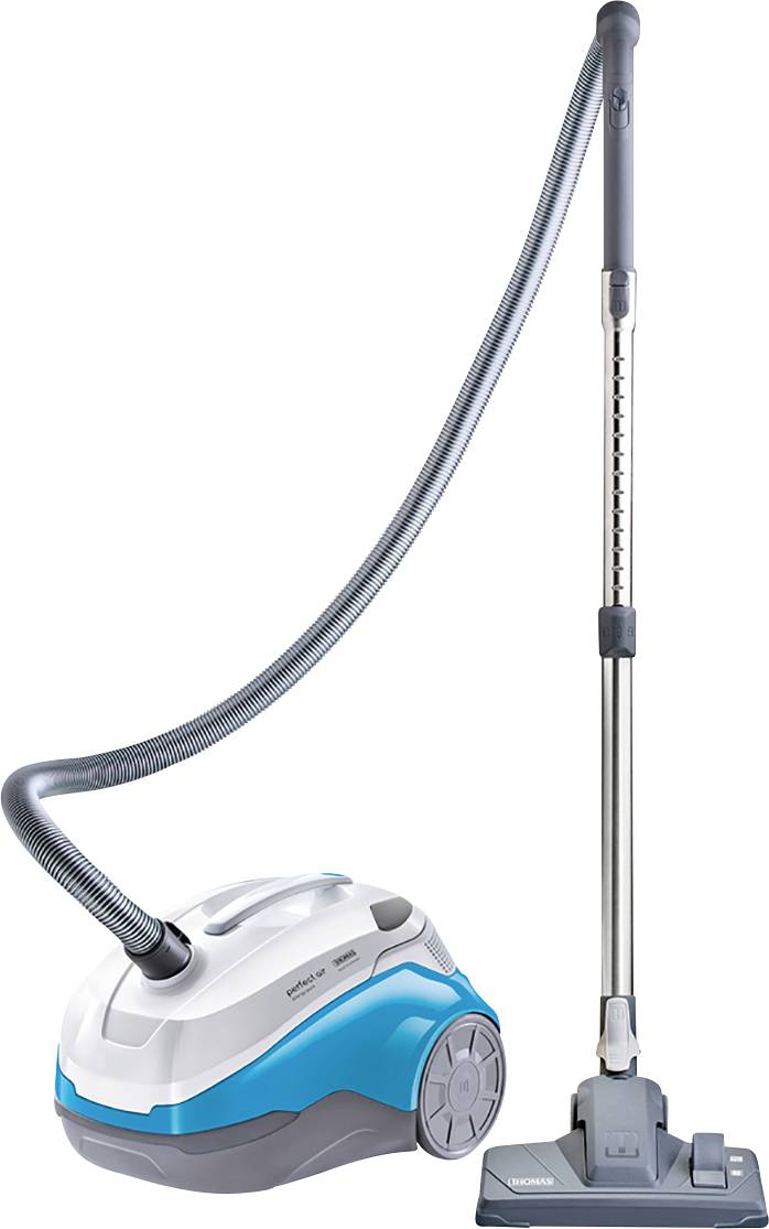 A blue and white vacuum cleaner with a long, curved suction tube and brush head, suitable for carpet cleaning.