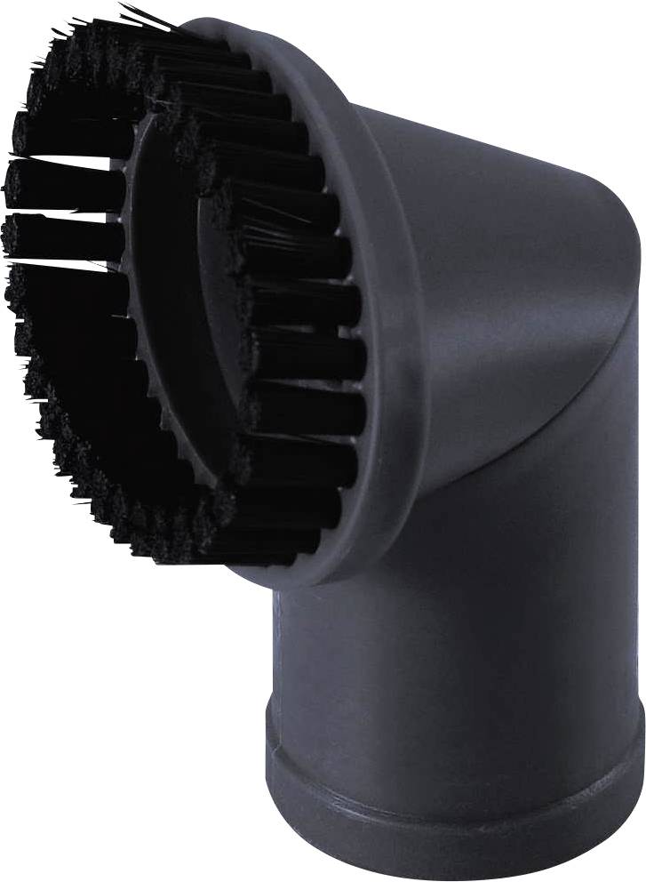 Black plastic brush with bristles, side view. Brush head is formed at a right angle to a short, cylindrical handle.