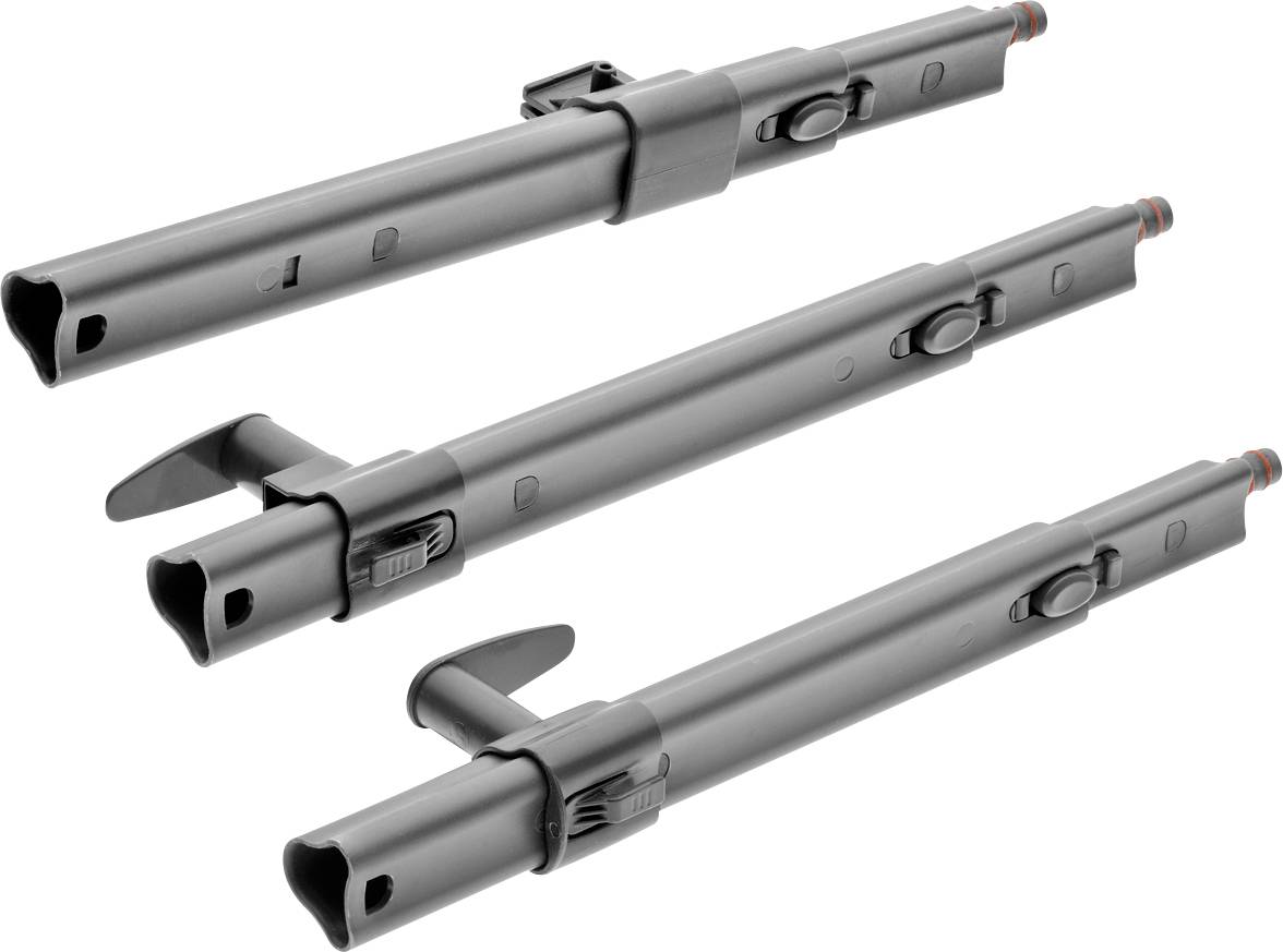 Three grey, adjustable vacuum cleaner tubes in various lengths and positions, demonstrating the product's flexibility.