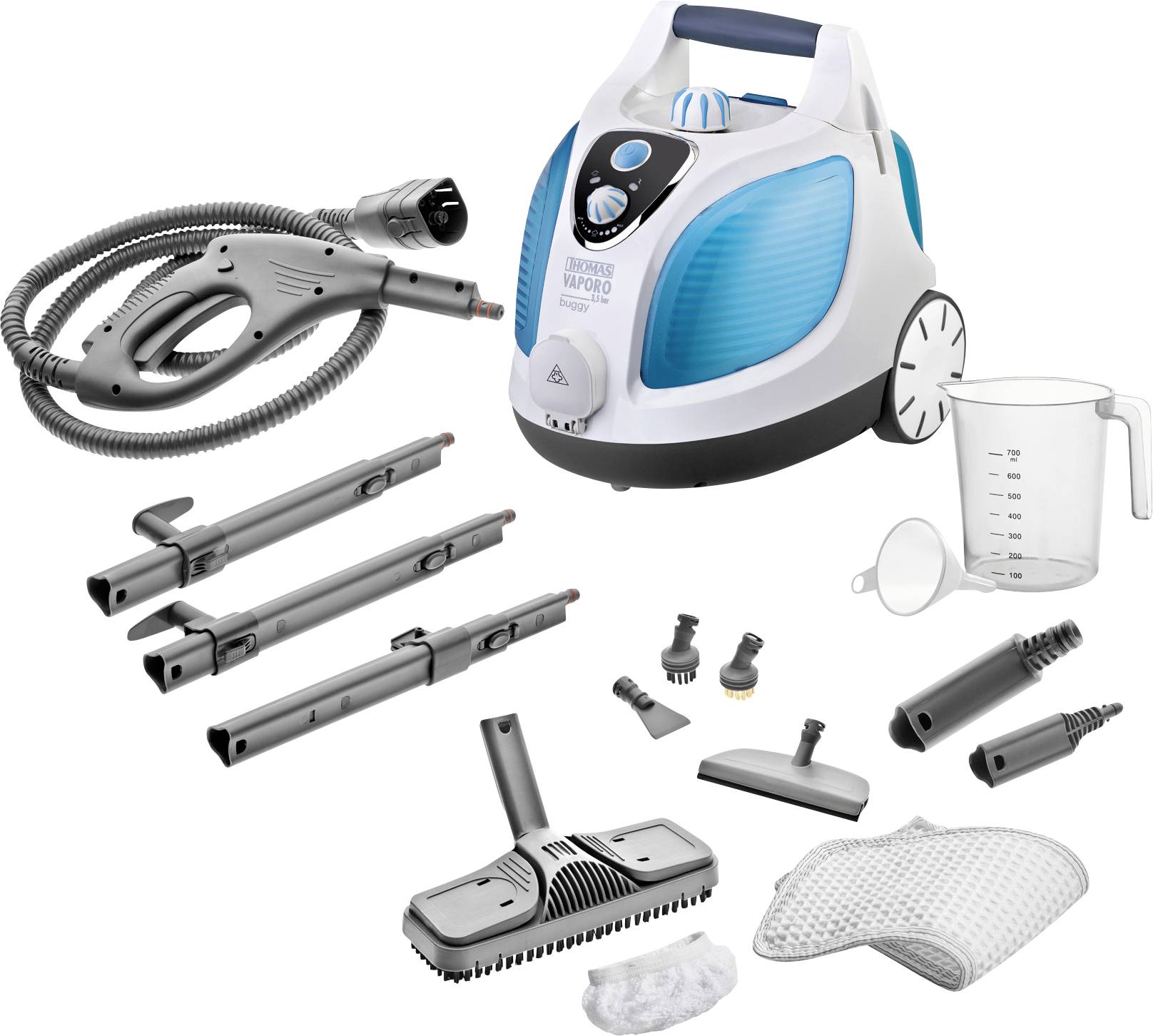 Steam cleaner set with various attachments, hoses, a measuring jug and a microfibre cloth, designed for versatile cleaning.