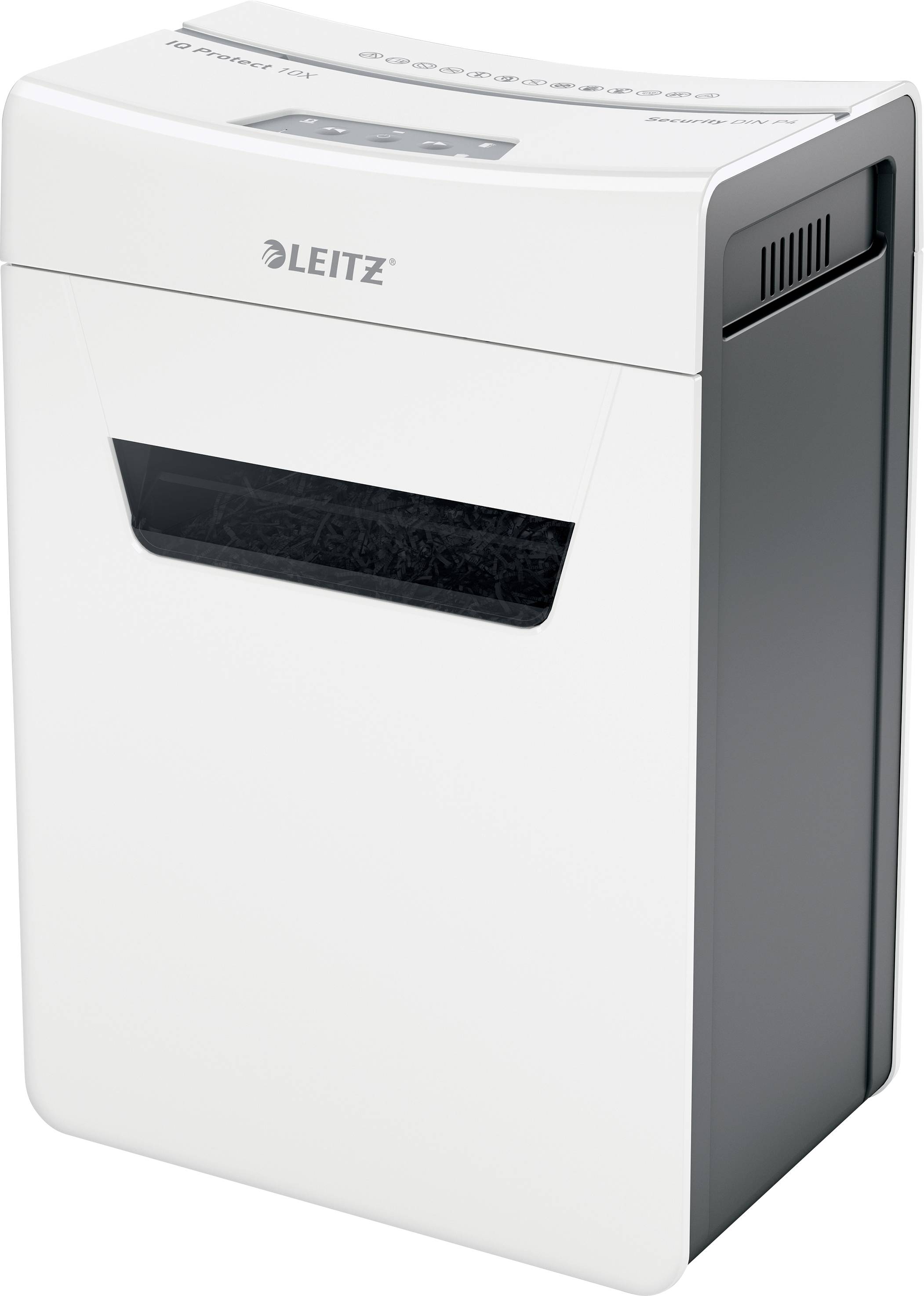 A white paper shredder with grey elements and a viewing window shows shredded paper. The brand is visible. Draping and buttons are recognisable.