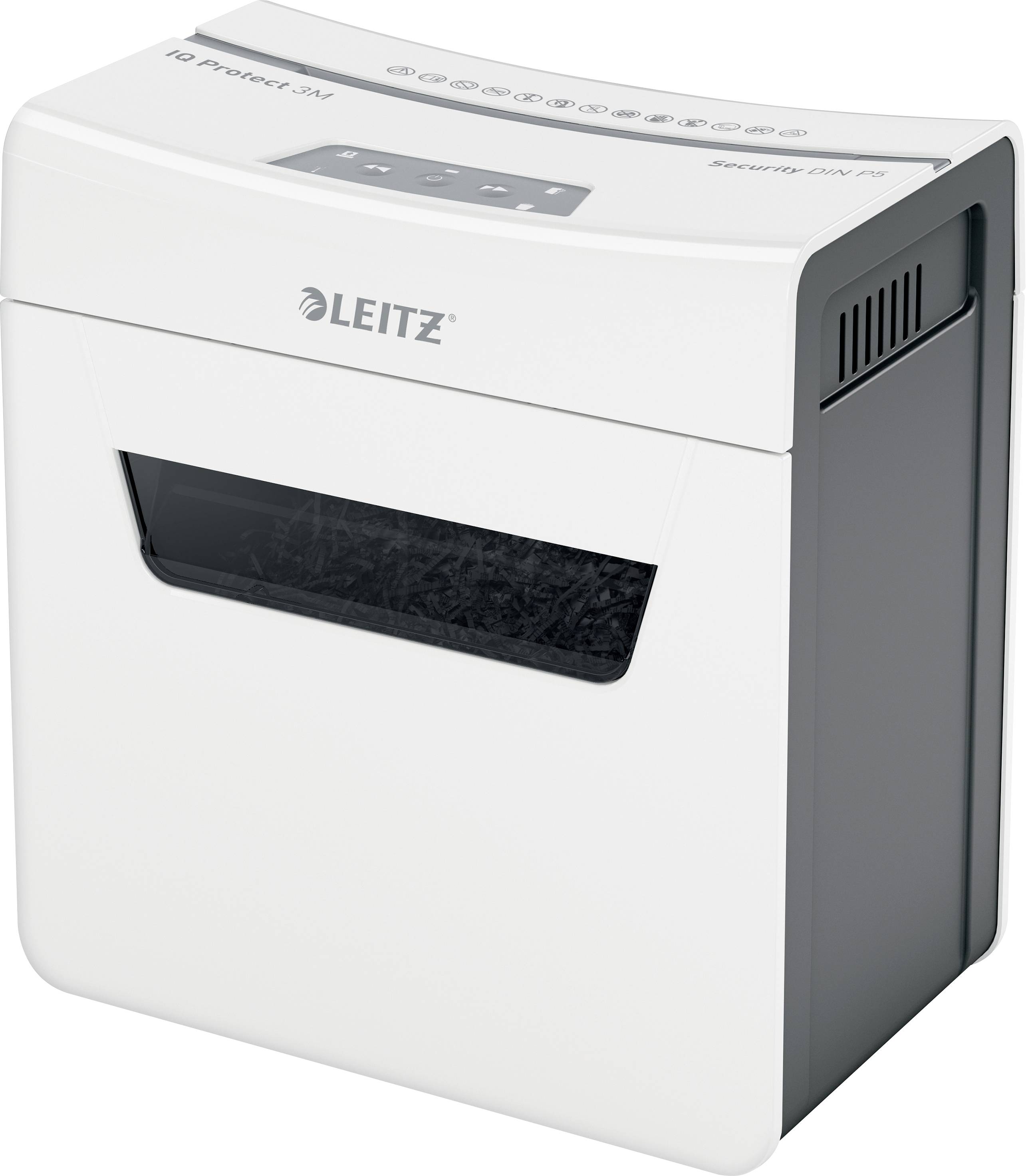 A white paper shredder by Leitz, Model IQ Protect 3M, for securely destroying documents in an office.