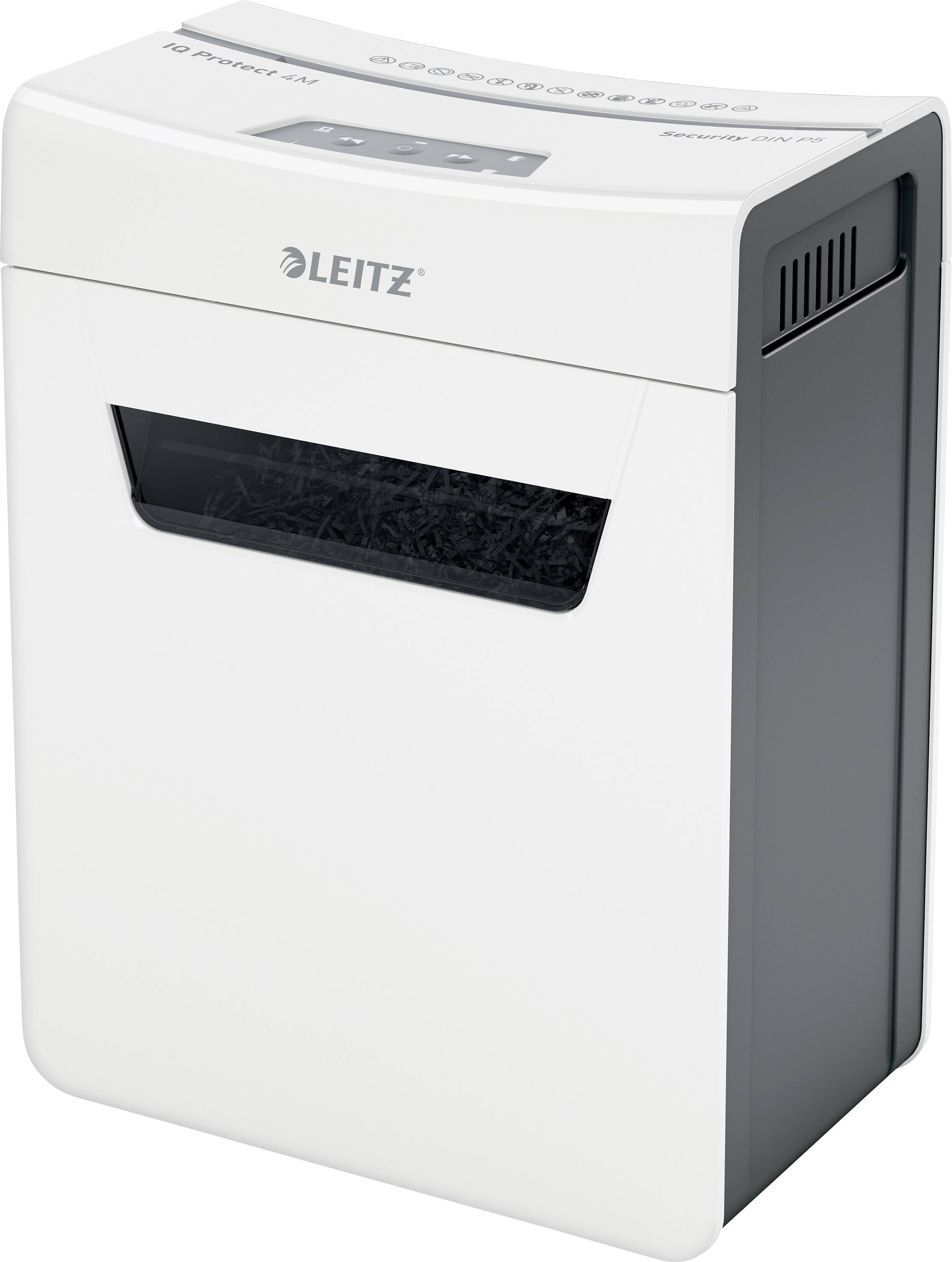 A white paper shredder with grey side panels. The brand name 'Leitz' is visible on the top. The device has a transparent window showing shredded paper.