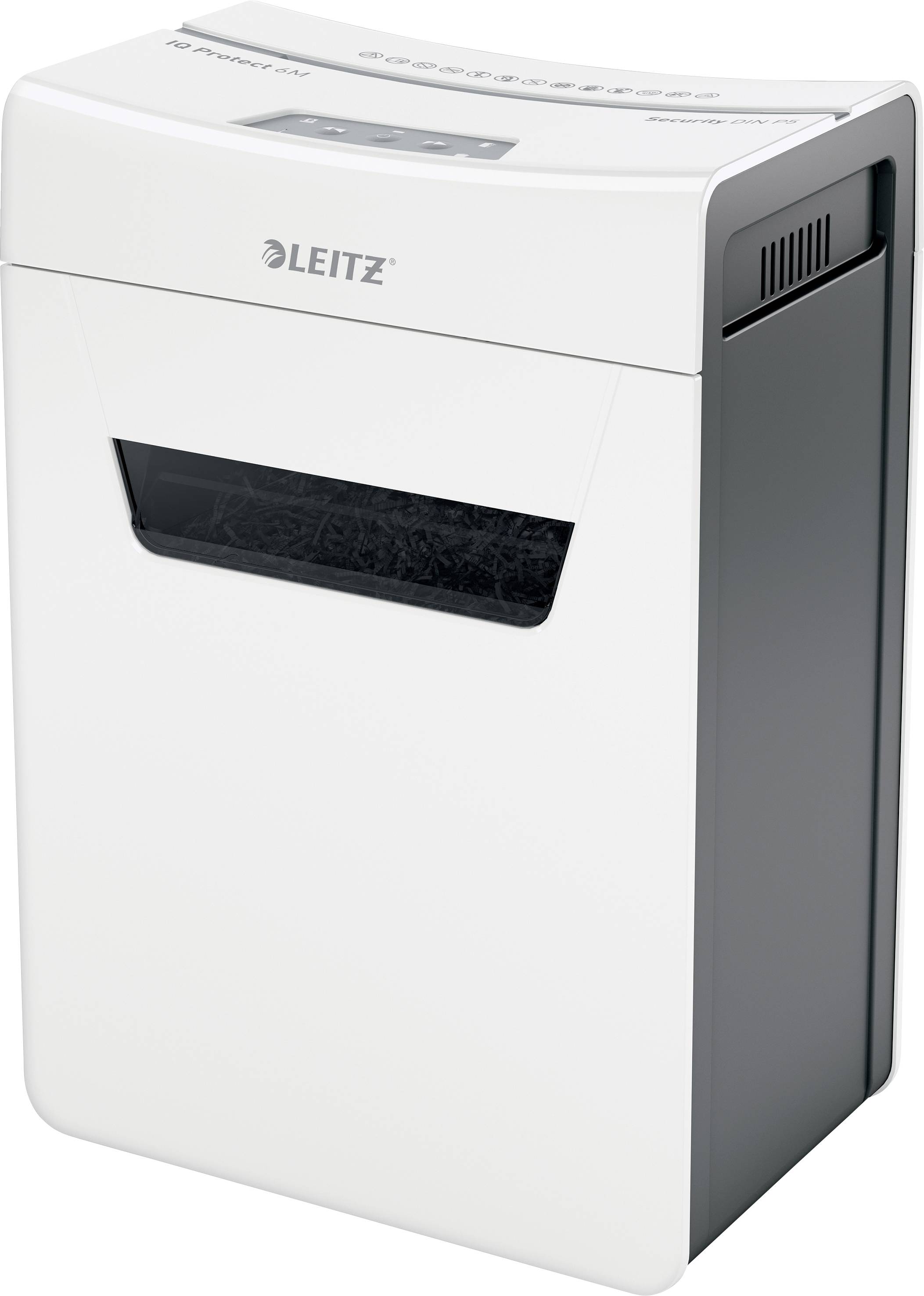 A white paper shredder by Leitz, suitable for offices, shown shredding paper with a black collection bin.