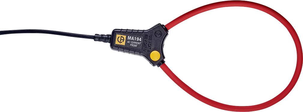 Red flexible electrical current clamp attachment with black housing and yellow button, used for measuring electrical currents.