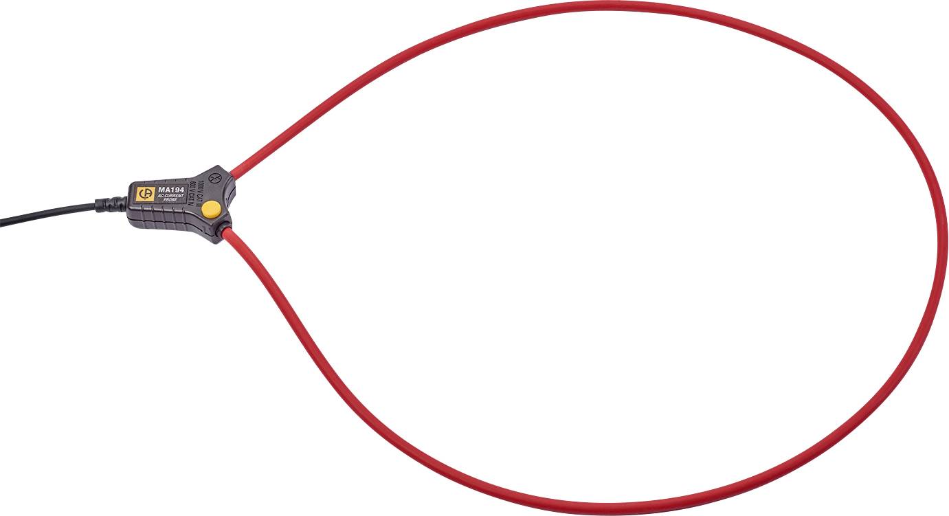 A flexible electrical current sensor with a red cable and black control unit, suitable for measuring electrical currents.