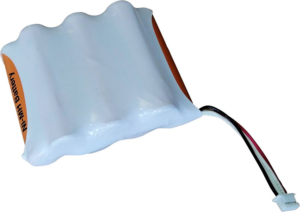 'Battery pack with white cells and cable plug, labelled 