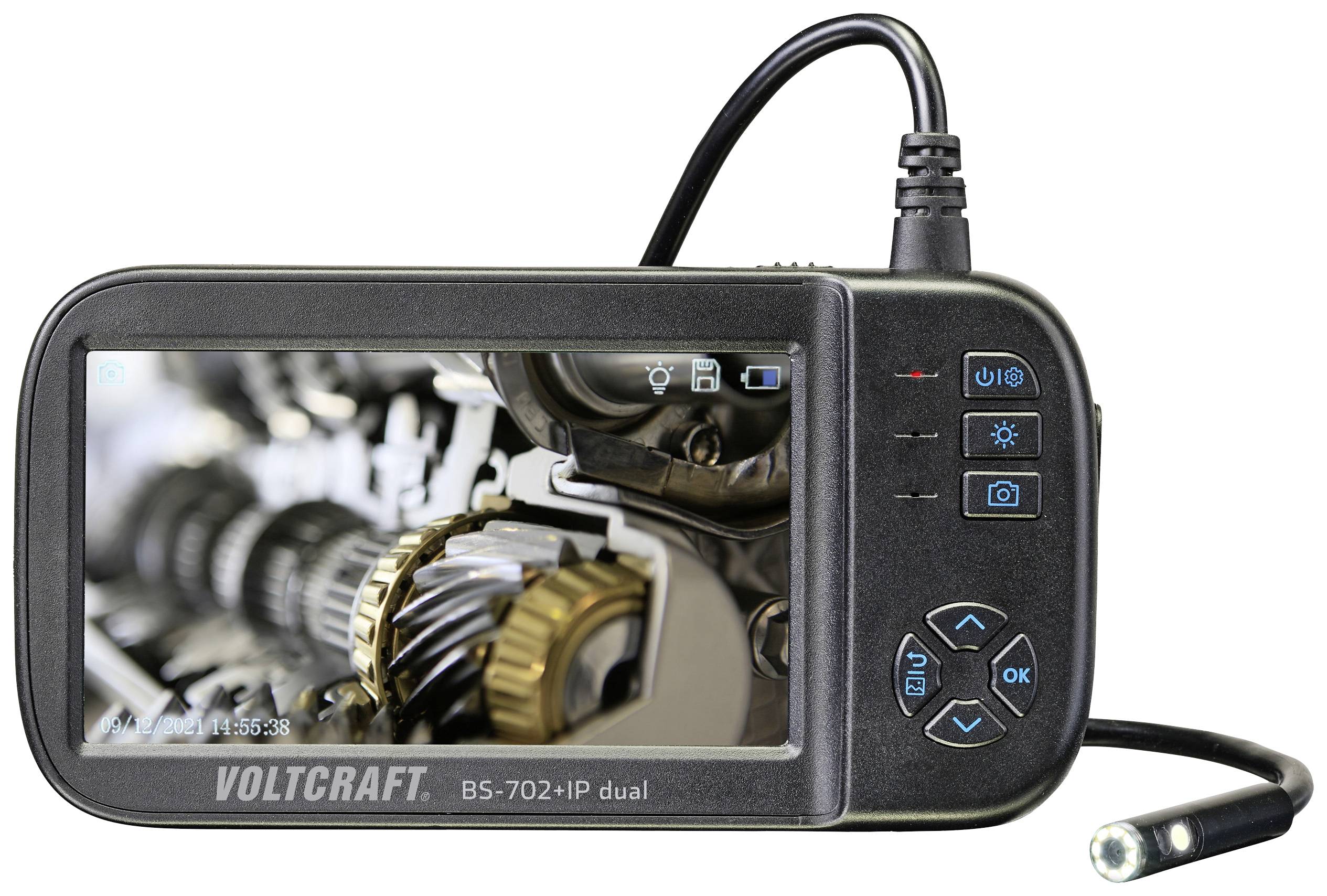 Endoscope Camera with Display. Shows Gear Mechanism in Close-up. Suitable for Inspections in Hard-to-Reach Areas.
