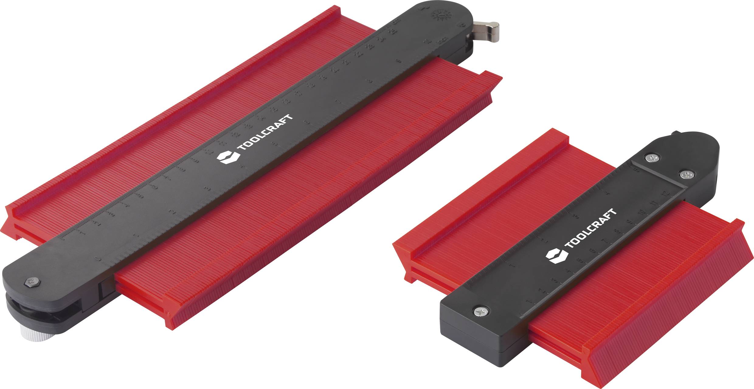 Two red contour gauges with black ruler for precise measurement of irregular shapes, suitable for craft work.