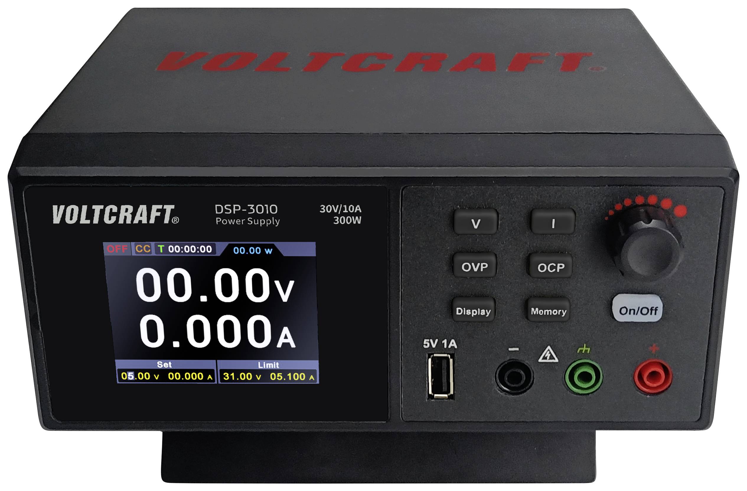 Electronic power supply with digital display showing 0.00V and 0.00A, with adjustment knobs for voltage and current. Model: VOLTCRAFT DSP-3010.