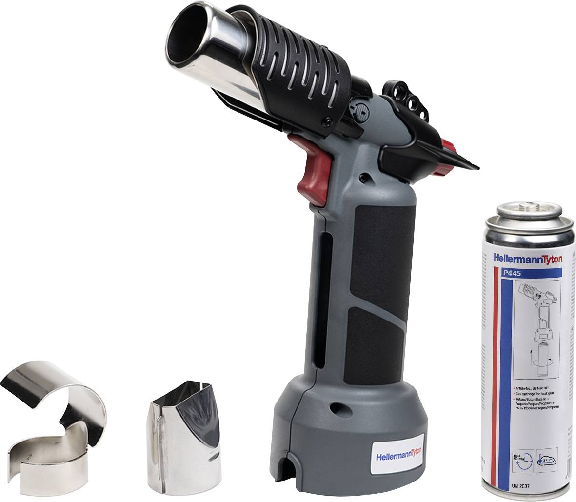 A blow torch with two nozzle attachments and a gas cartridge, ideal for soldering and precision work in electronics and crafts.