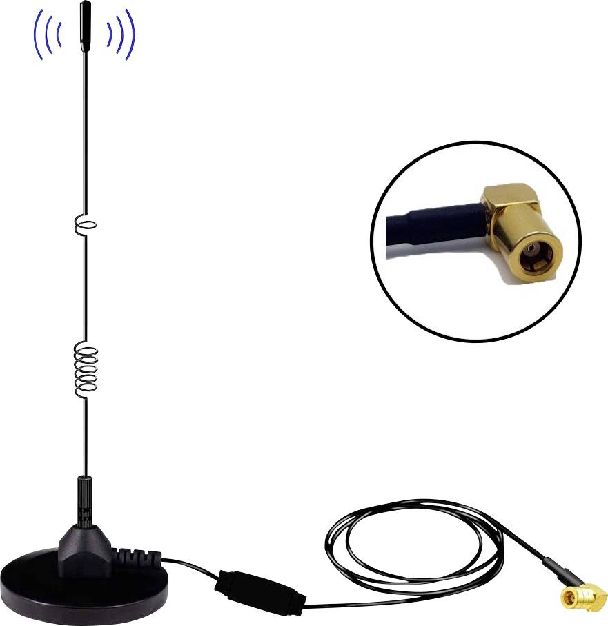 External antenna with magnetic base and long cable. Suitable for signal amplification and shown with a special connector.