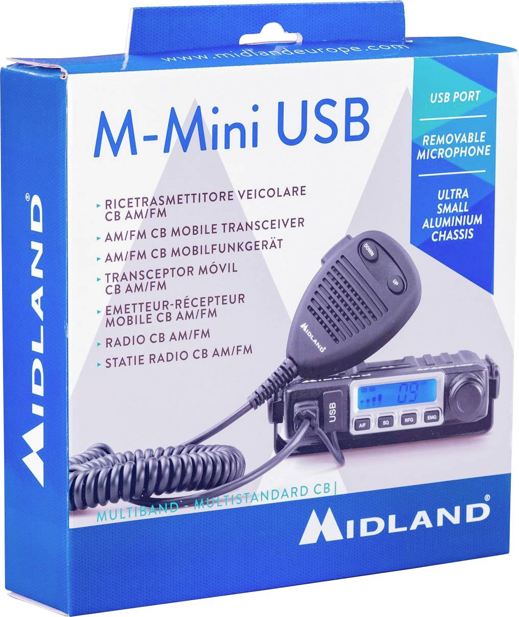 Packaging for a Midland M-Mini USB CB Radio System. Includes a microphone and a display with channel indication. Supports AM/FM bands.