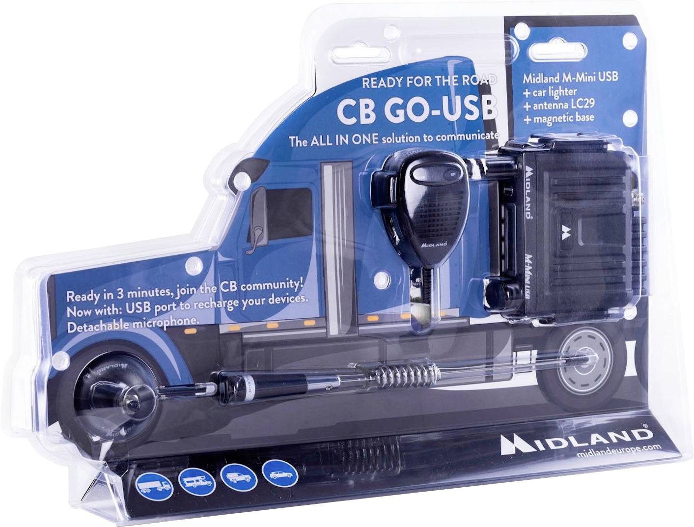 Packaging of a Midland CB Go-USB communication kit, containing CB radio, microphone, USB connection and accessories, suitable for use on the go.