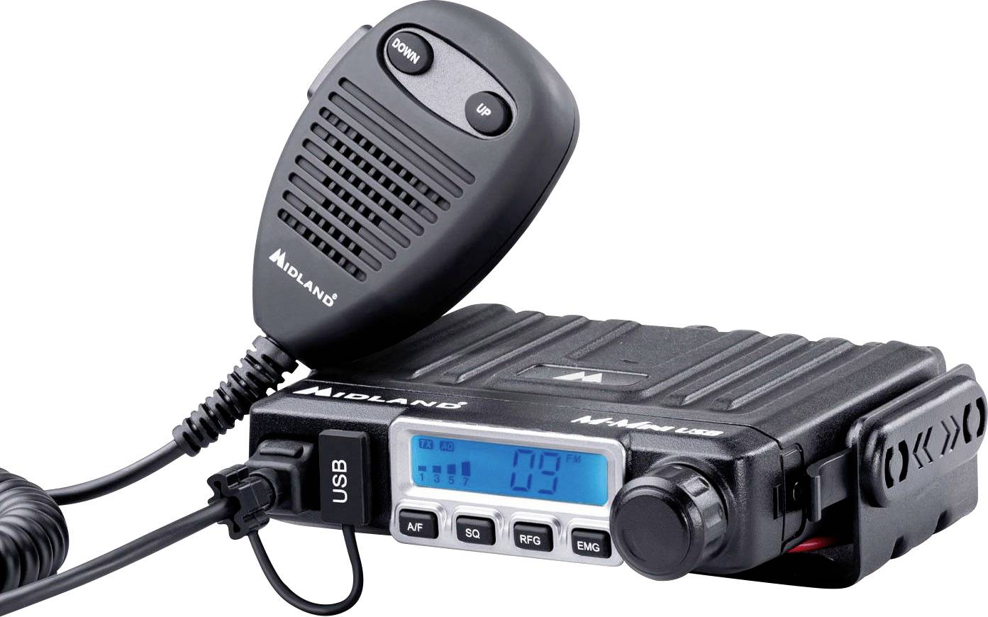 Radio device with microphone, USB port and display, showing channel 03. Black with controls for volume and channel selection.
