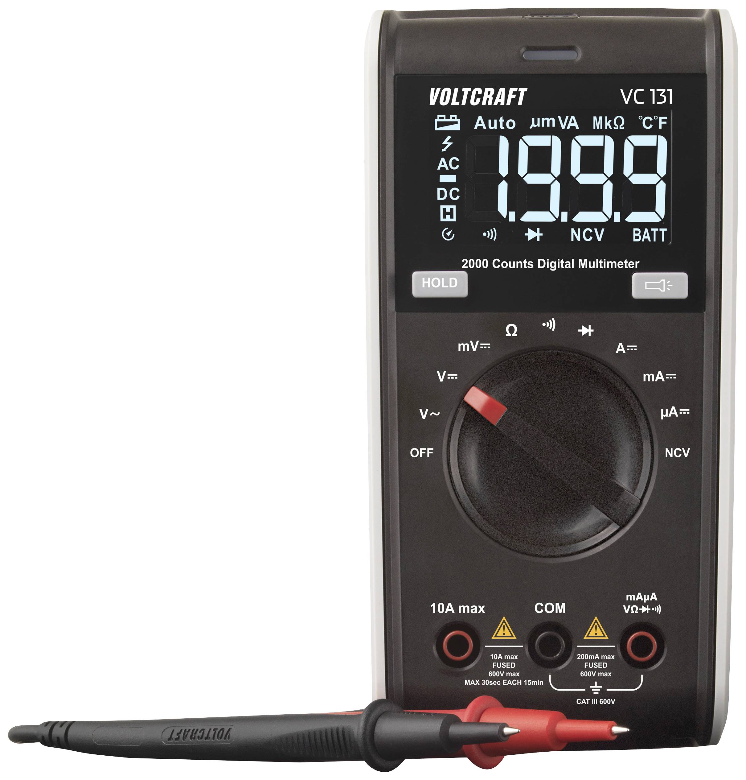 Digital multimeter with large display showing '19.99'. Includes red and black test leads. Brand: Voltcraft Model: VC 131.