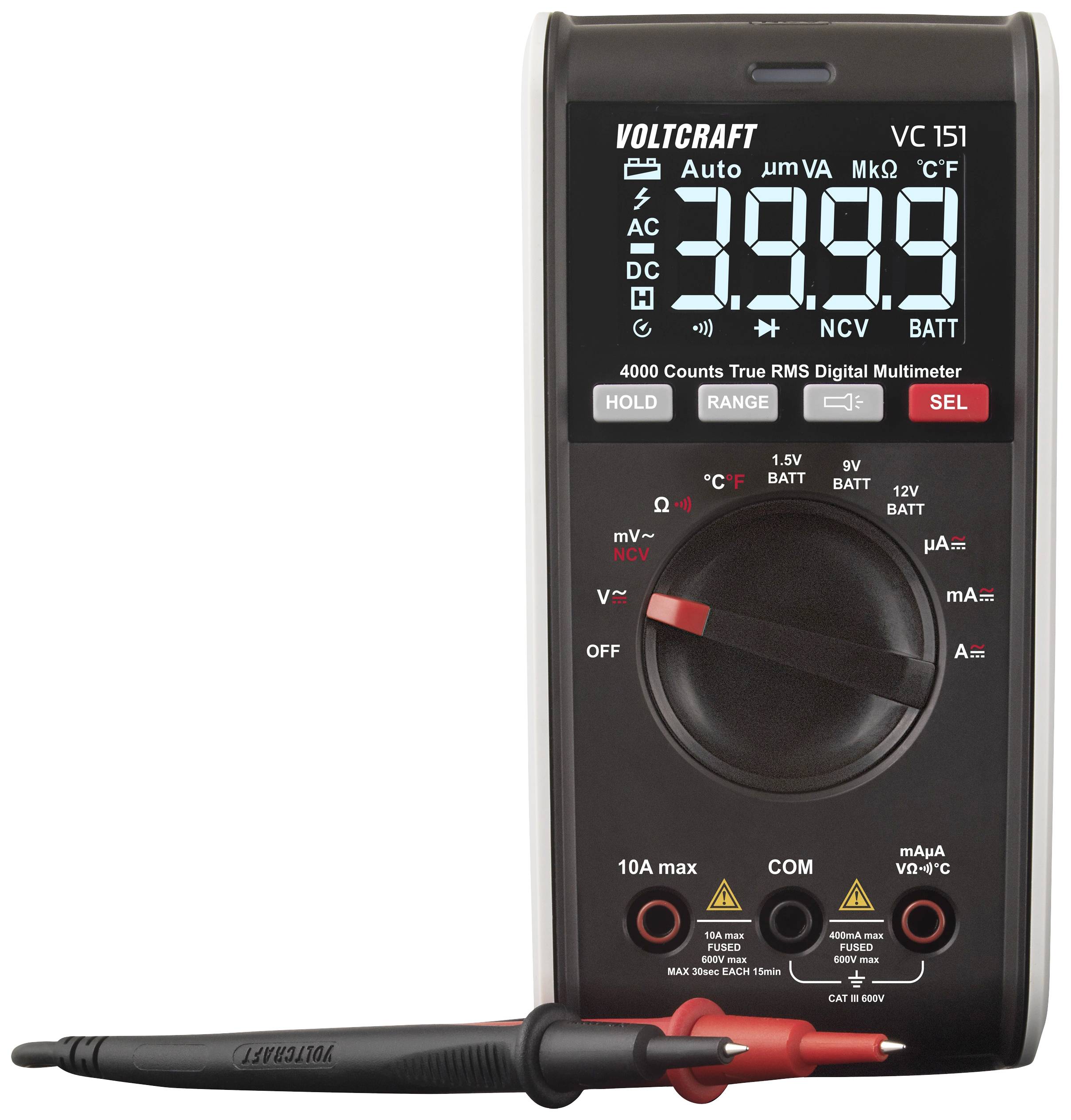 A digital multimeter displaying '3.999', with various measurement functions and two test leads, one black and one red.