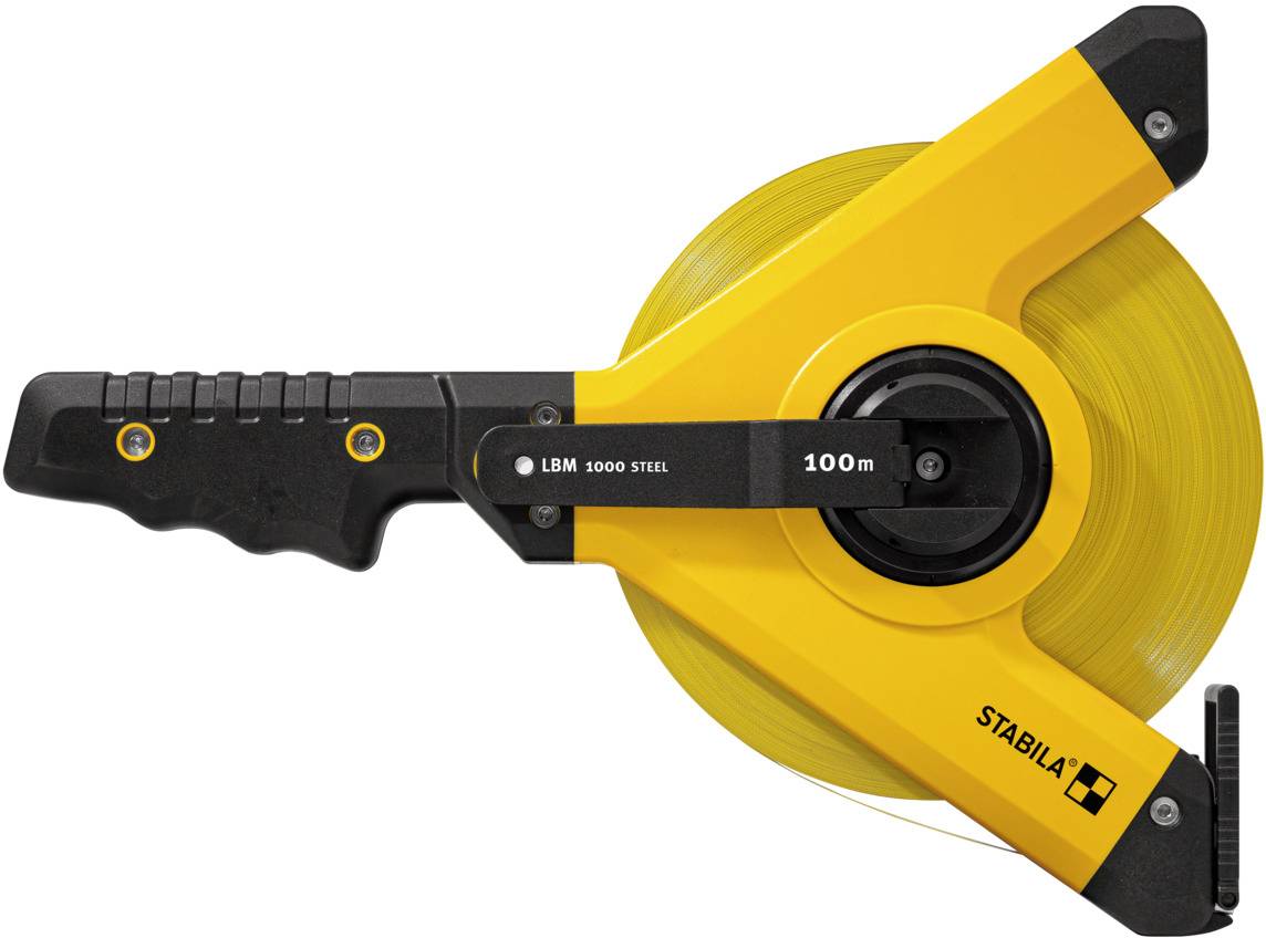 'LBM 1000 Steel' Measuring Tape by STABILA, 100 m, yellow housing with black handle for robust construction applications.