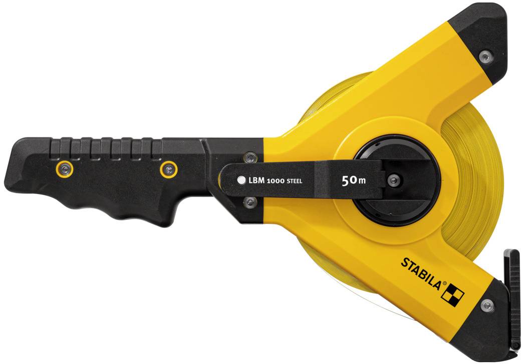 'Yellow tape measure with black handle and winder, marked with 