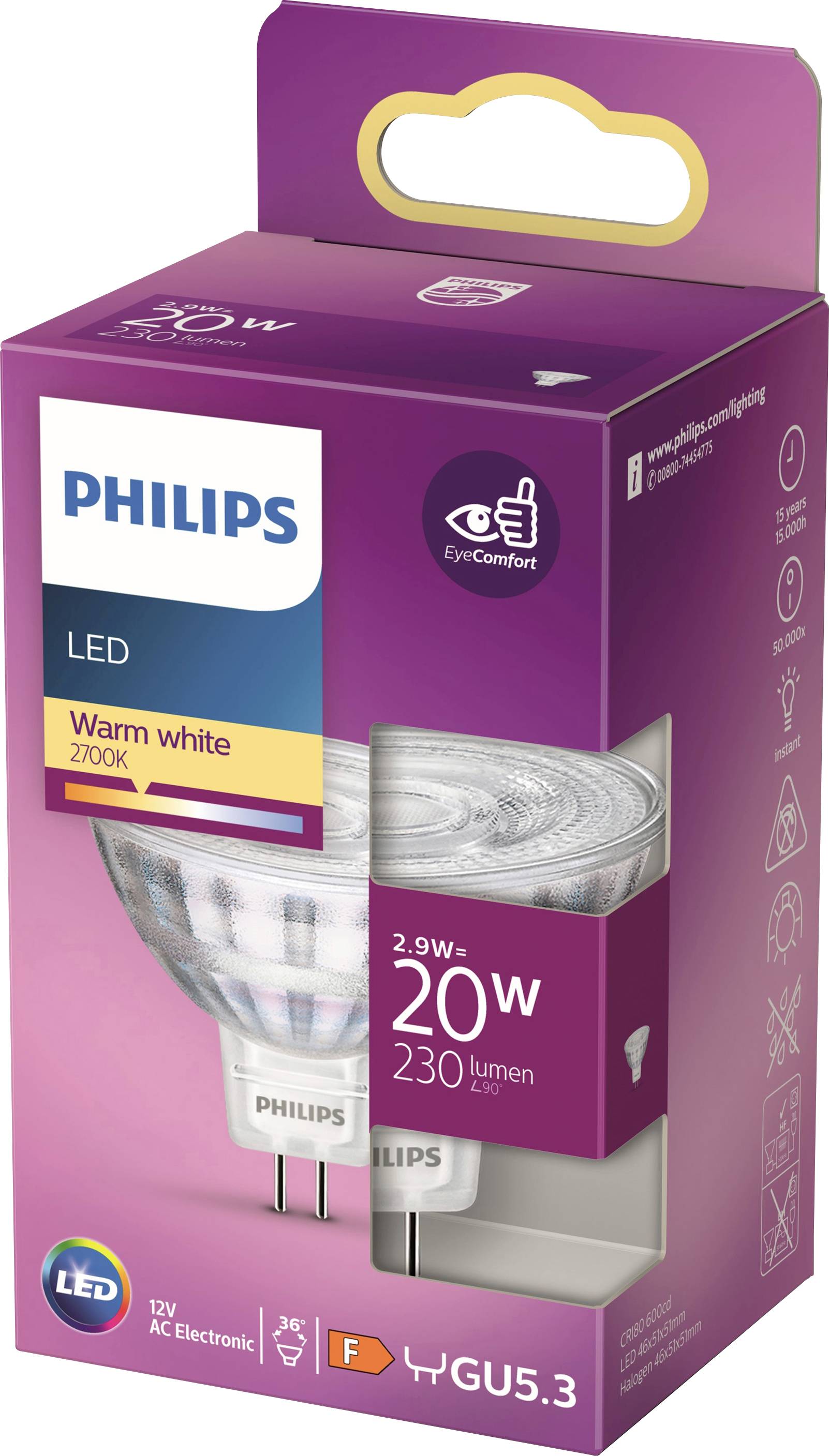 Packaging for a Philips LED lamp, 2.9W, 230 lumens, warm white 2700K, GU5.3 base. Energy-efficient, with EyeComfort technology.
